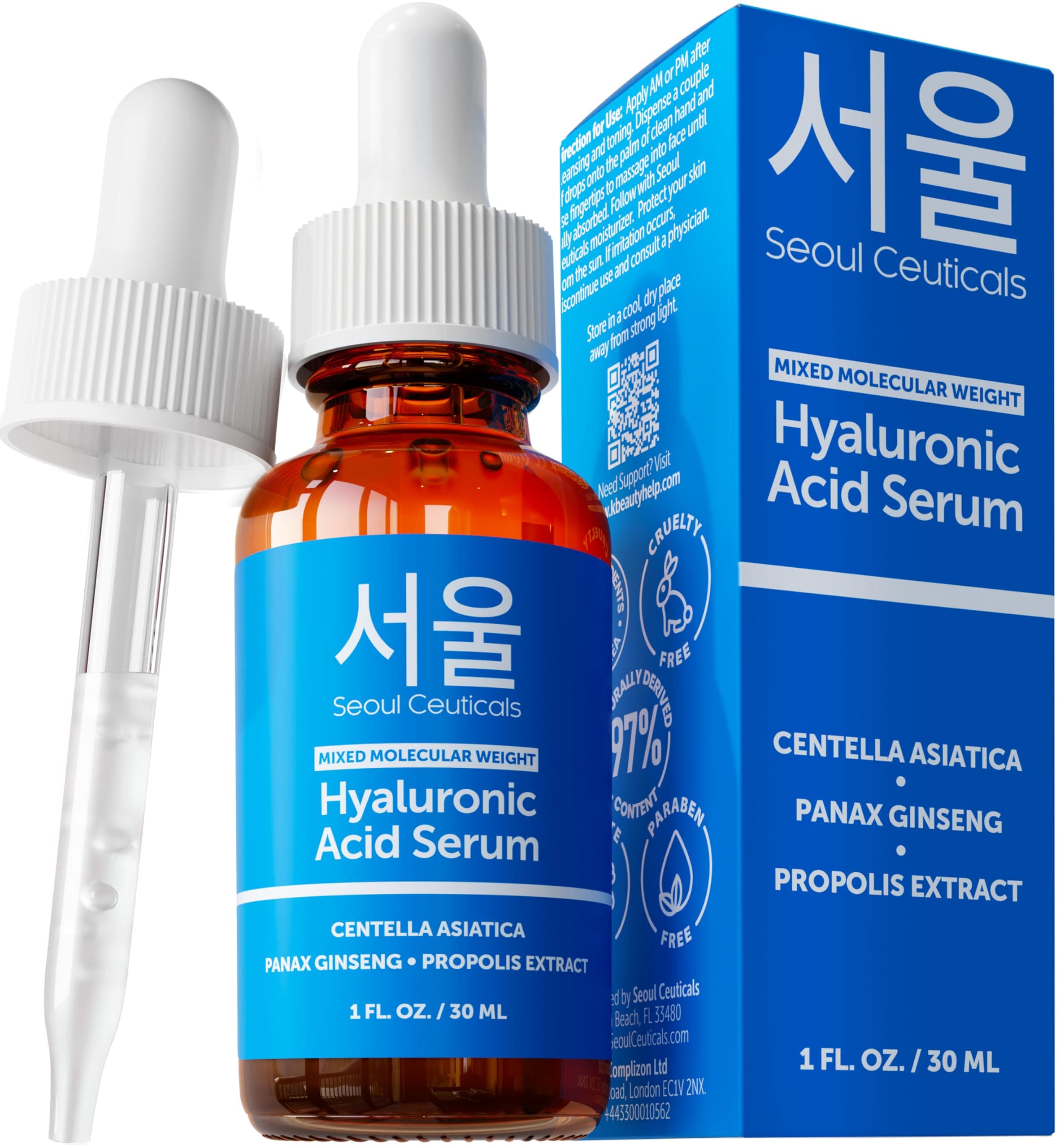 Korean Hyaluronic Acid Serum For Face - High Molecular Weight & Low Molecular Weight Hyaluronic Acid - Centella Serum + Propolis. 1oz