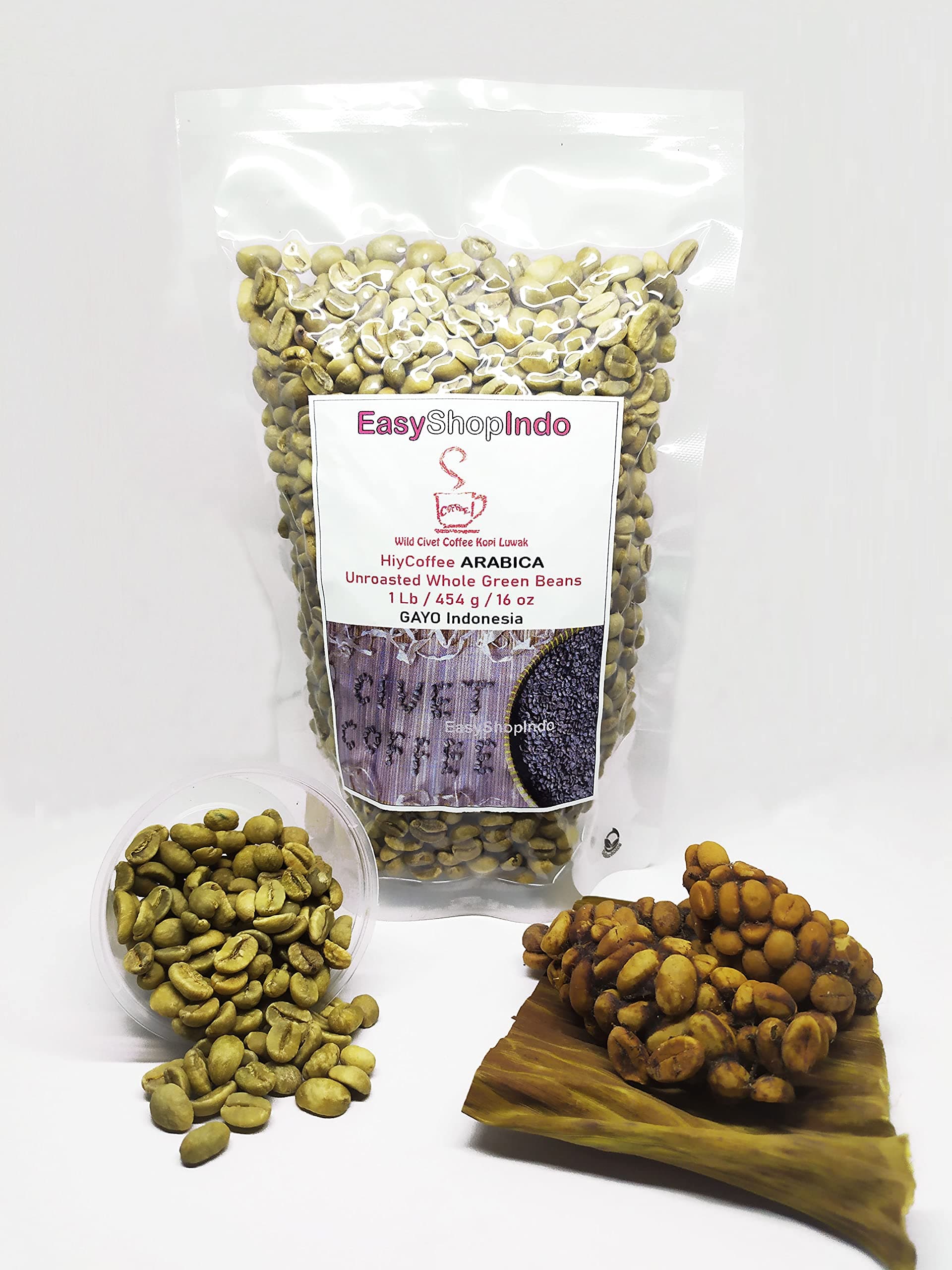 EasyShopIndo HiyCoffee ARABICA Wild Civet Coffee Kopi Luwak UNROASTED Whole Green Beans 1 Lb / 454 g / 16 oz GAYO Sumatra Aceh Indonesia