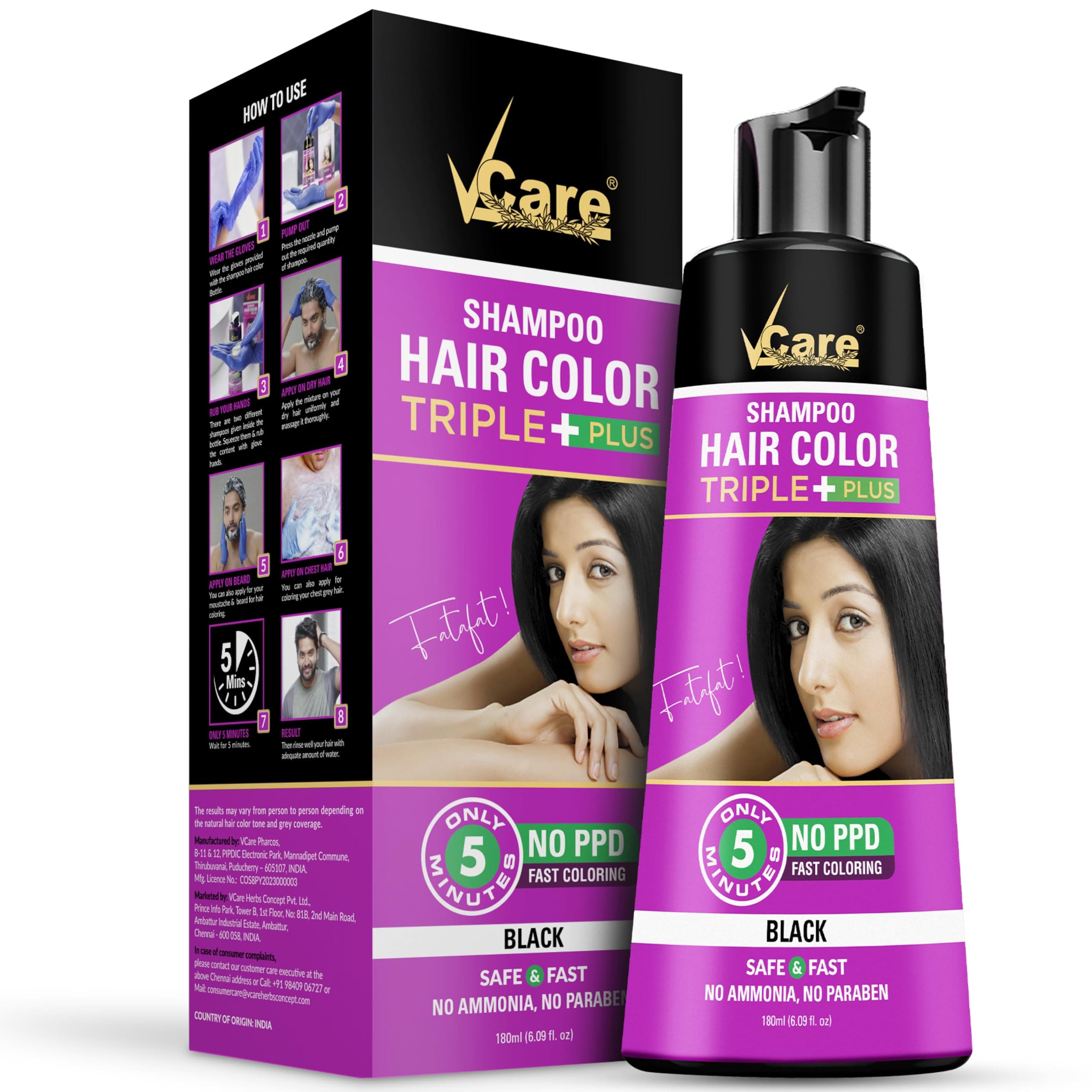 VCare Shampoo Hair Colour Shampoo For Unisex, 180ml (Black)