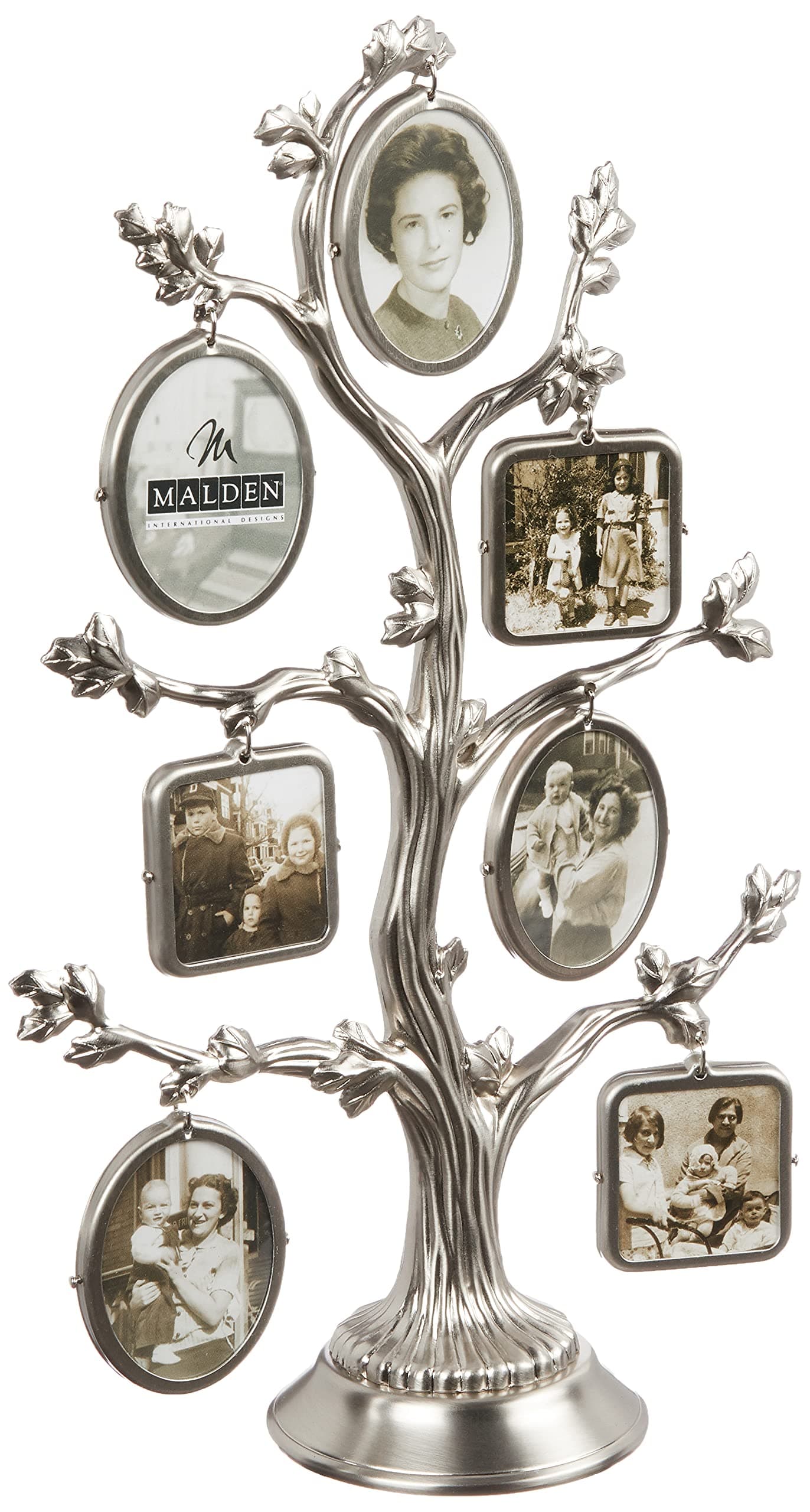 Malden International Designs Family Tree Fashion Metal Picture Frame, 14 Option, 7-2 sided frames, 14-1x1, Silver