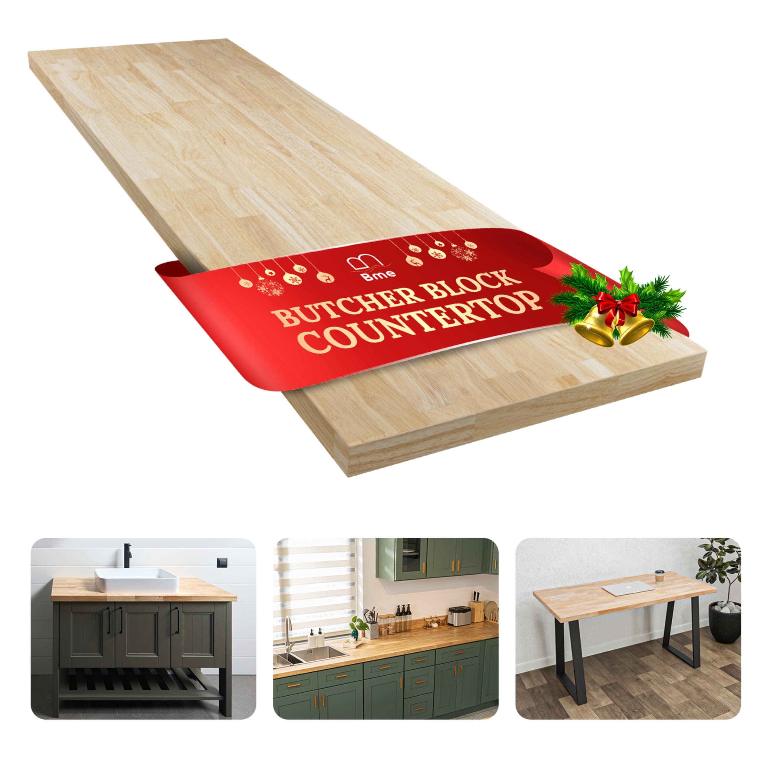 Bme Hevea Solid Wood Butcher Block Countertop, Unfinished Butcher Block Table...