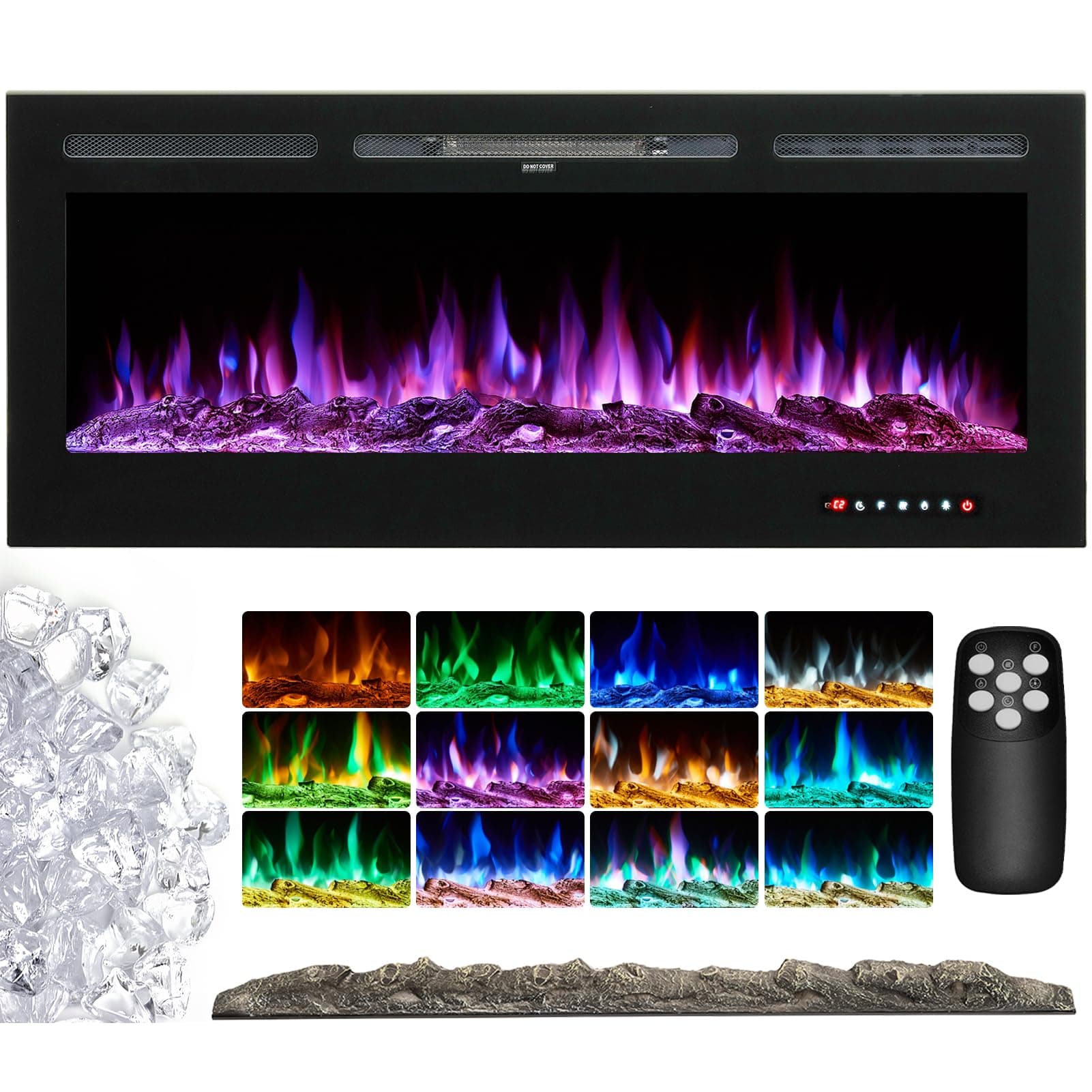 INMOZATA Electric Fireplace Wall Mounted Insert Recessed 50 inch Wall Electric Fires Heater Touch Remote Control 12 LED Color Flame Effect, Crystal with Log Set