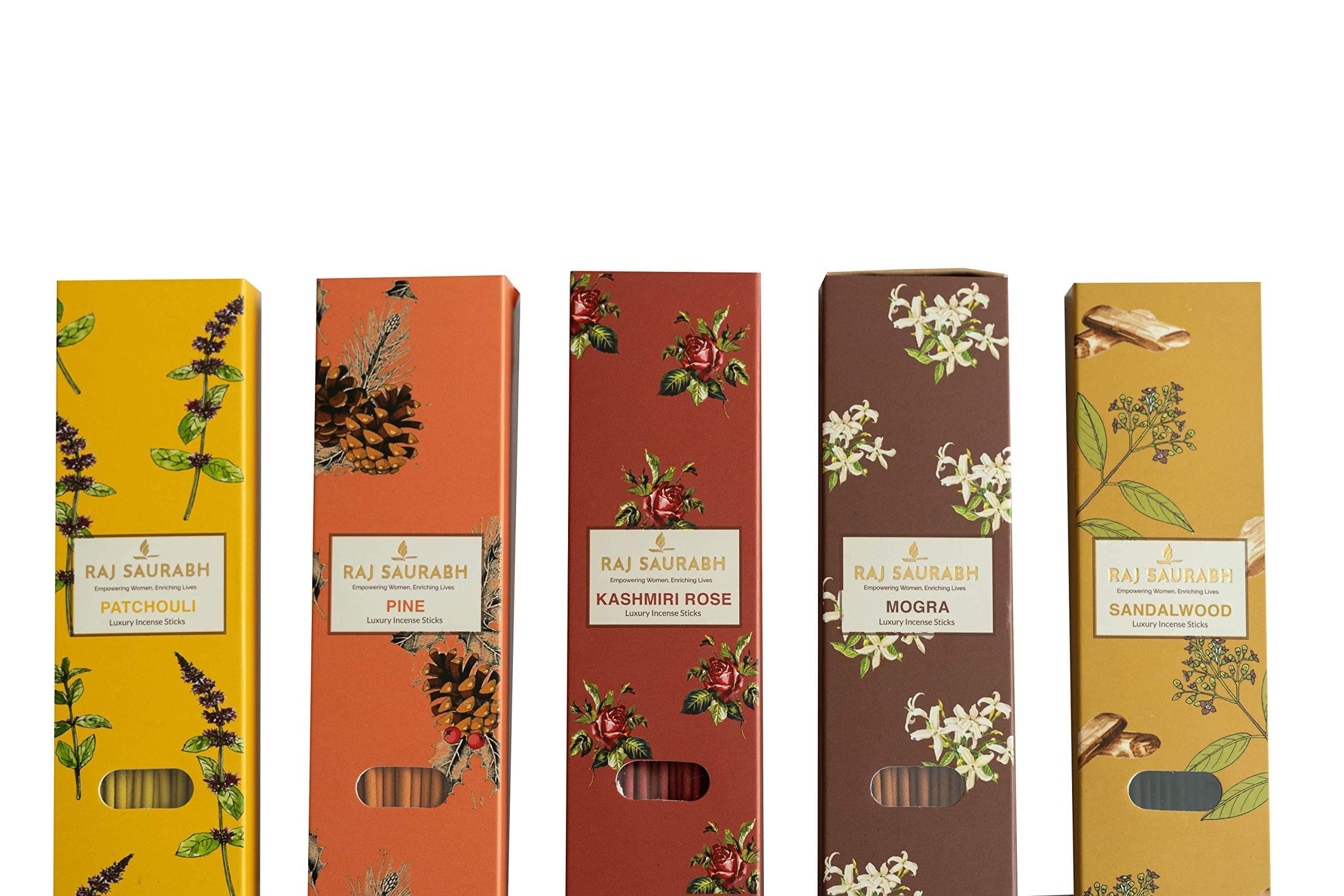 Raj Saurabh Agarbatti/Incense Stick - Sandalwood, Pine, Patchouli, Mogra, Kashmiri Rose (Pack of 5-40 in Each)