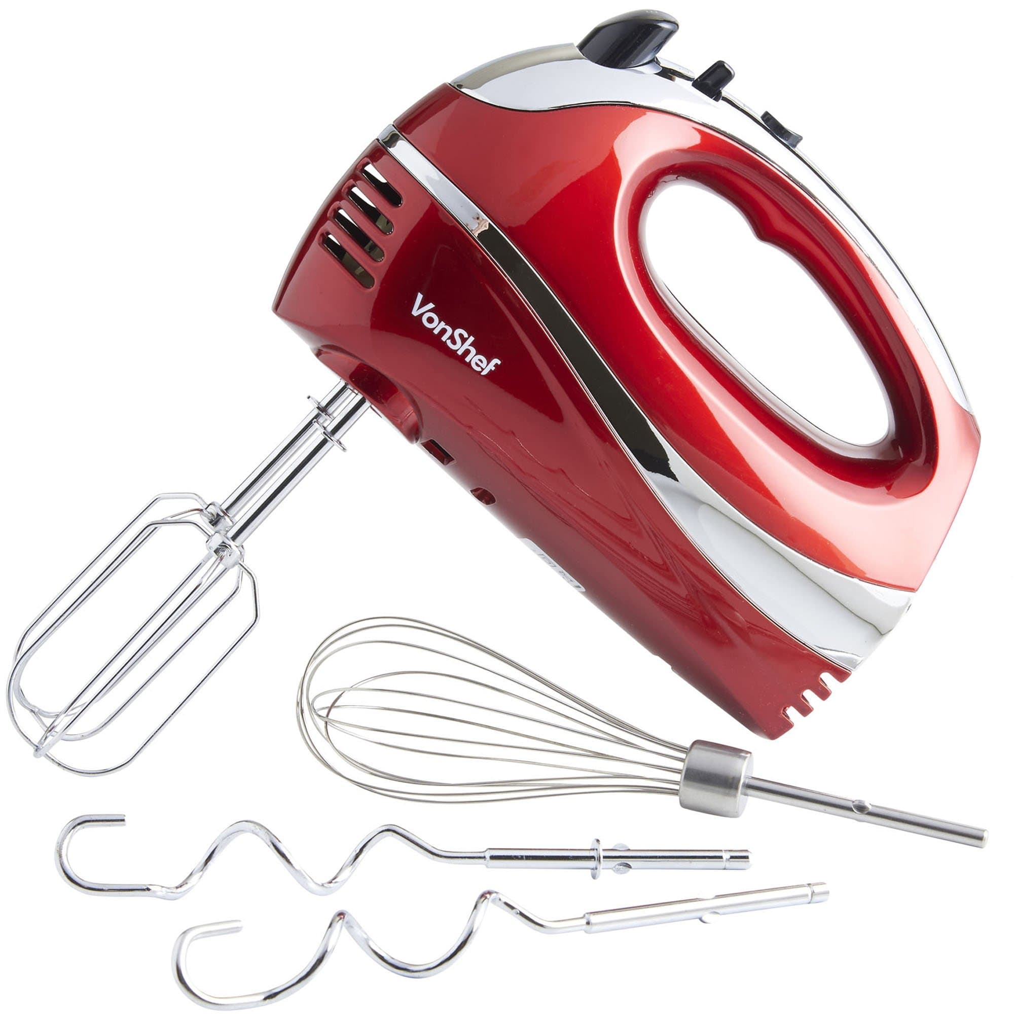 VonShef 5-Speed Hand Mixer - Electric 250W Hand-held Mixer with Turbo Boost Button & Stainless Steel Accessories (Chrome Beater, Dough Hook & Balloon Whisk) for Baking Cookies, Brownies & Cakes - Red