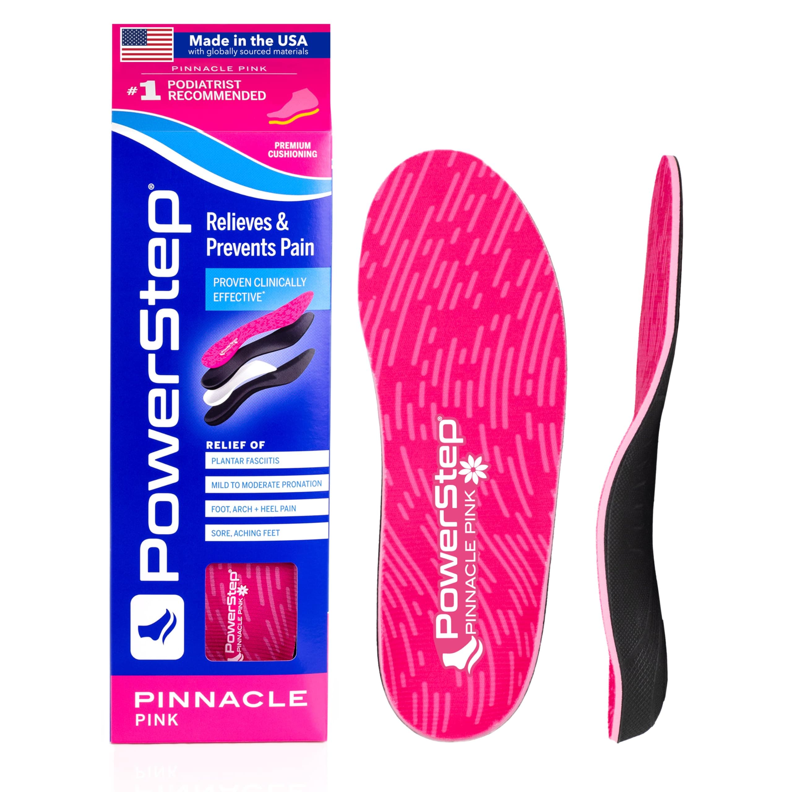 Pinnacle Pink Orthotics for Women, Arch Support Inserts, Plantar Fasciitis Relief, Made in USA, Shoe Inserts, Maximum Cushioning, Deep Heel Cup for Pronation