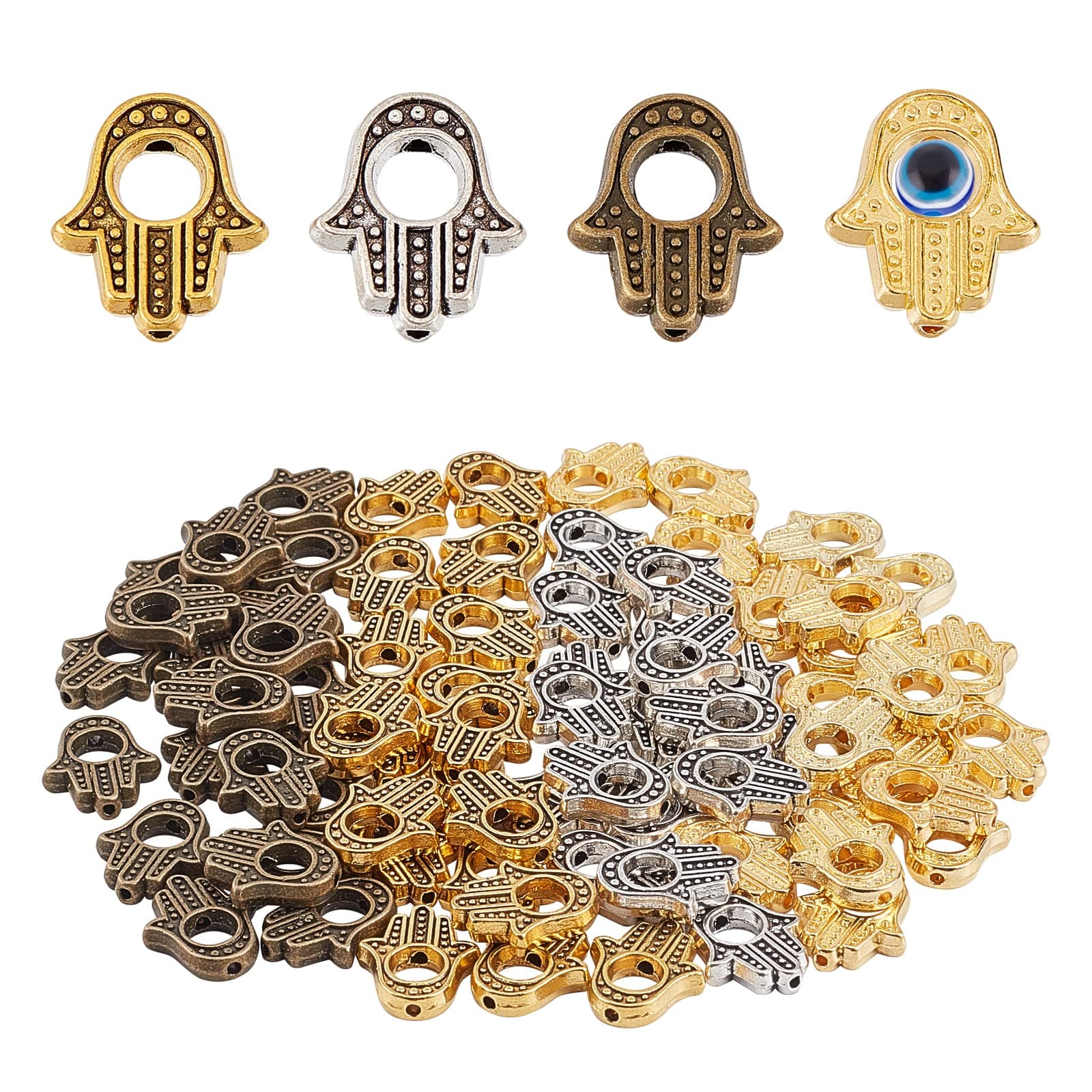 SUNNYCLUE 1 Box 80Pcs 4 Colors Hamsa Hand Bead Alloy Hand of Fatima Miriam Frame Hollow Beads Loose Spacer Charms Chakra Tibetan Style for Jewelry Making Bracelets Necklaces Crafts Supplies