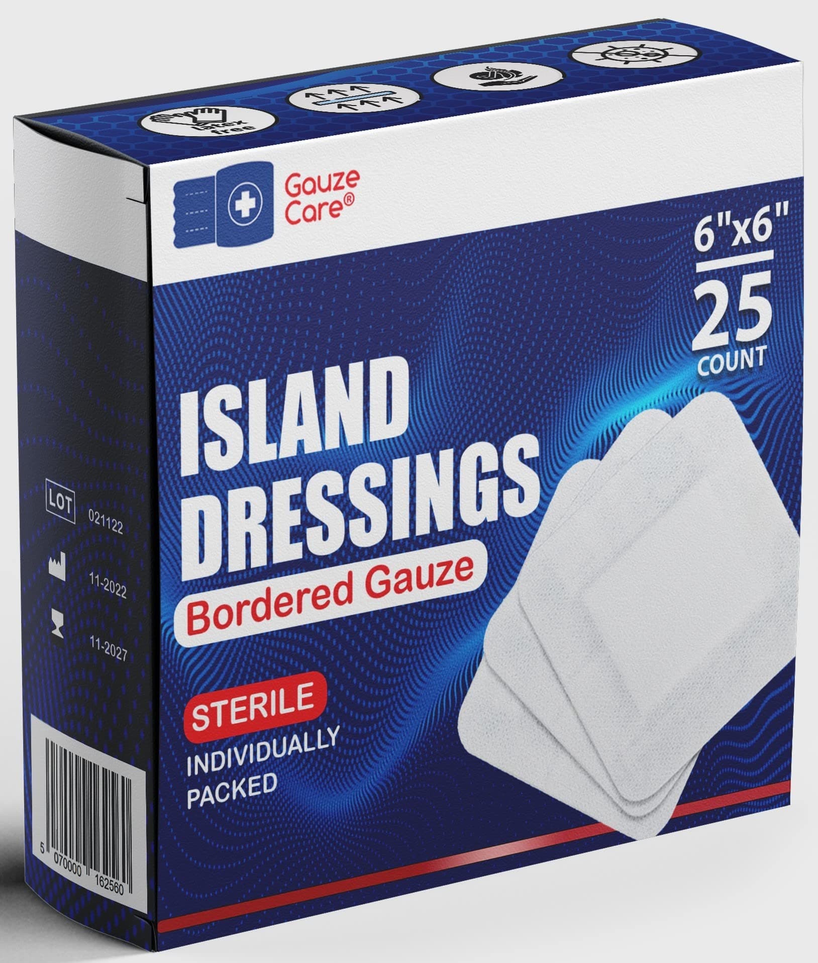 GauzeCare Island Dressing 6x6 (inch) 25 Pcs| Individually Packed Sterile Bordered Dressing | 4x4 Non-Stick Pad in Center with Acrylic Adhesive Borders| Water-Resistant Adhesive Pads for Wound Care