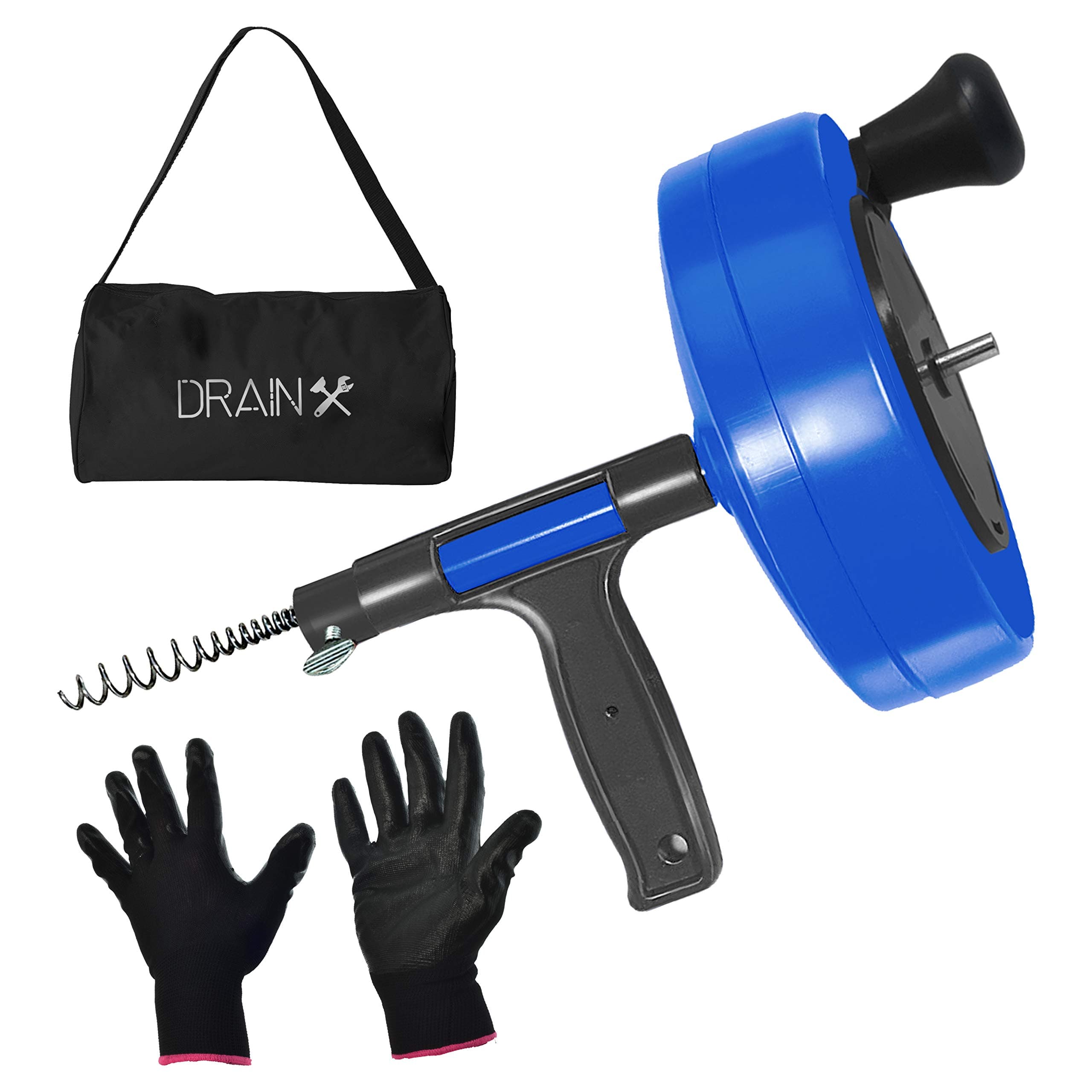 DrainX Power Pro 35-FT Steel Drum Auger Plumbing Snake with Drill Adapter | Heavy Duty Drain Snake Cable with Work Gloves and Storage Bag, Blue