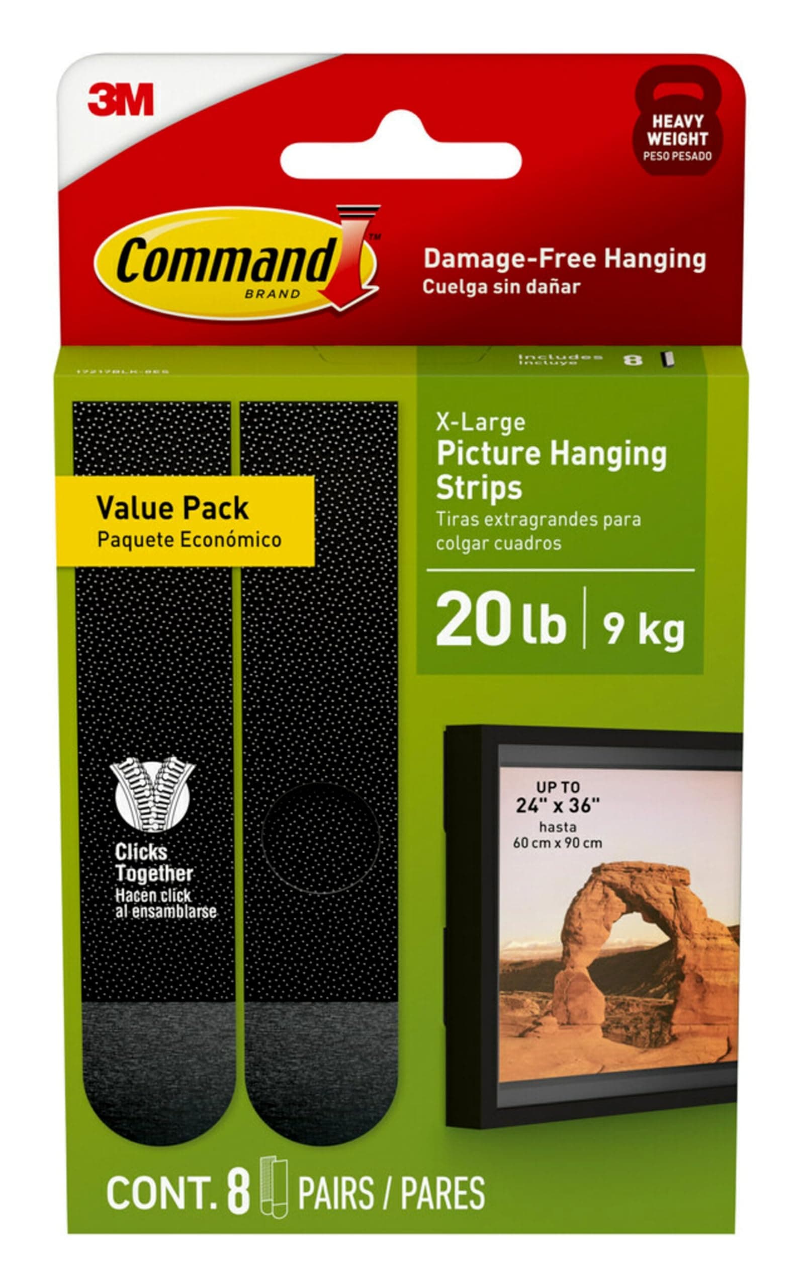 Command 20 lb XL 8 Pairs Heavyweight Picture Hanging Strips (16 Strips), Damage-Free Hangers for Picture Frames, No Tools Required, Ideal for Home Room Wall Decor, Black Adhesive