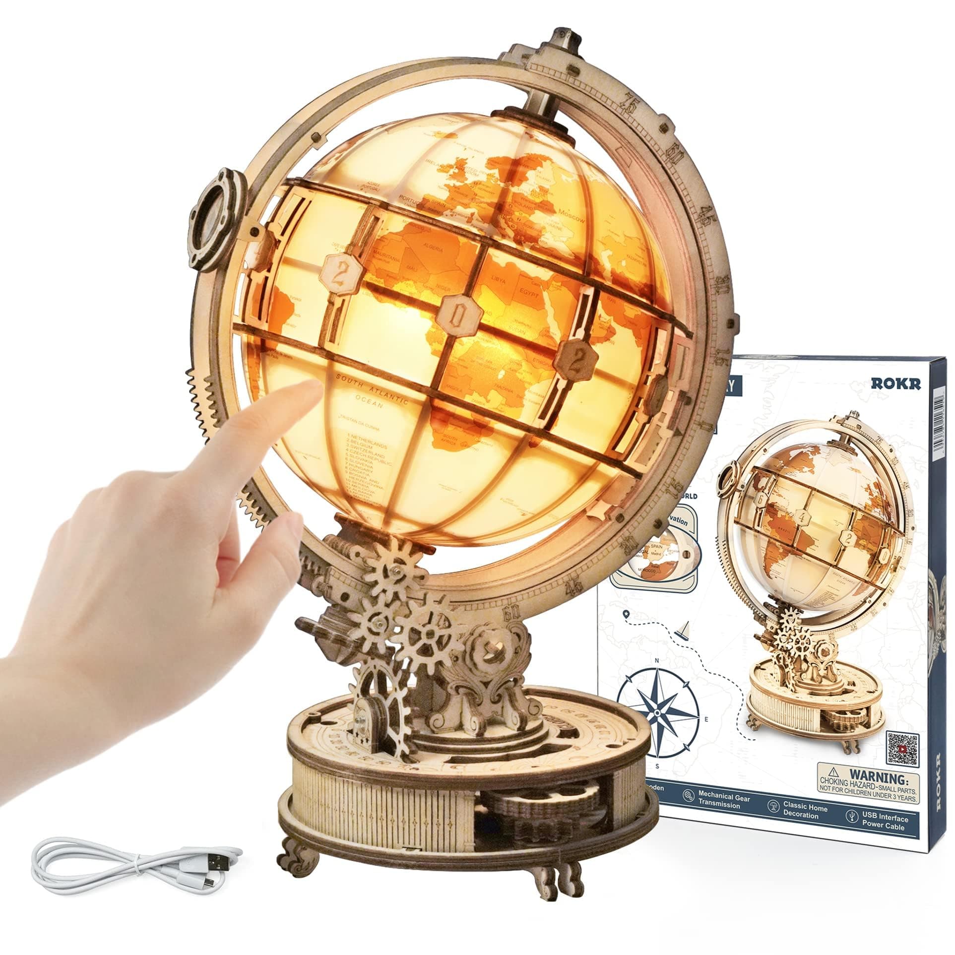 3D Wooden Puzzles for Adults World Globe 3D Puzzle LED Light Globe of The World with Stand Brain Teaser Gift for Kids