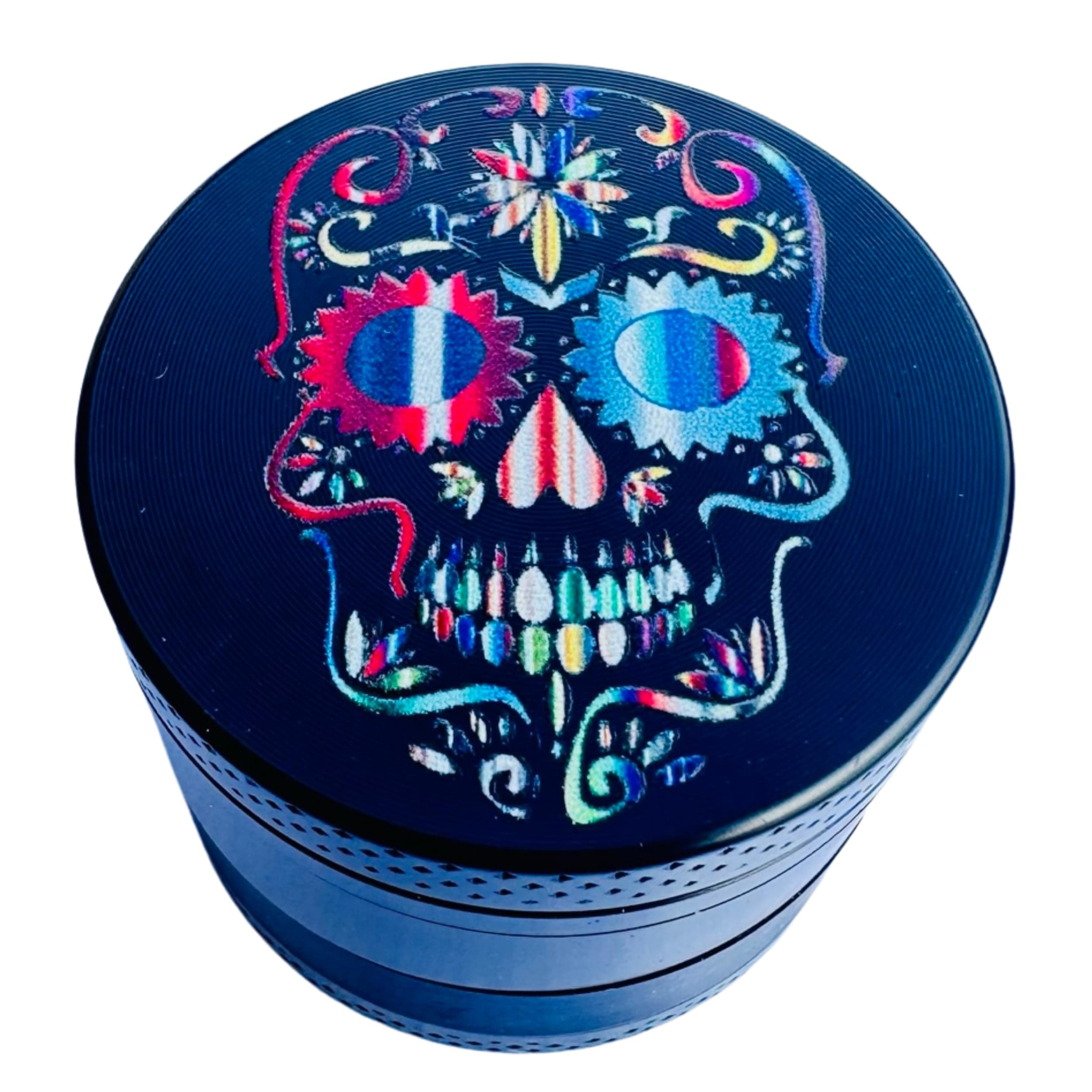 Cubanisto Grinder Skull Colourful 4 Parts Spice Mill Zinc Alloy Black Dried Herb Grinder with Small Pollen Spatula Magnetic Lid for Perfect Closure (40 mm)