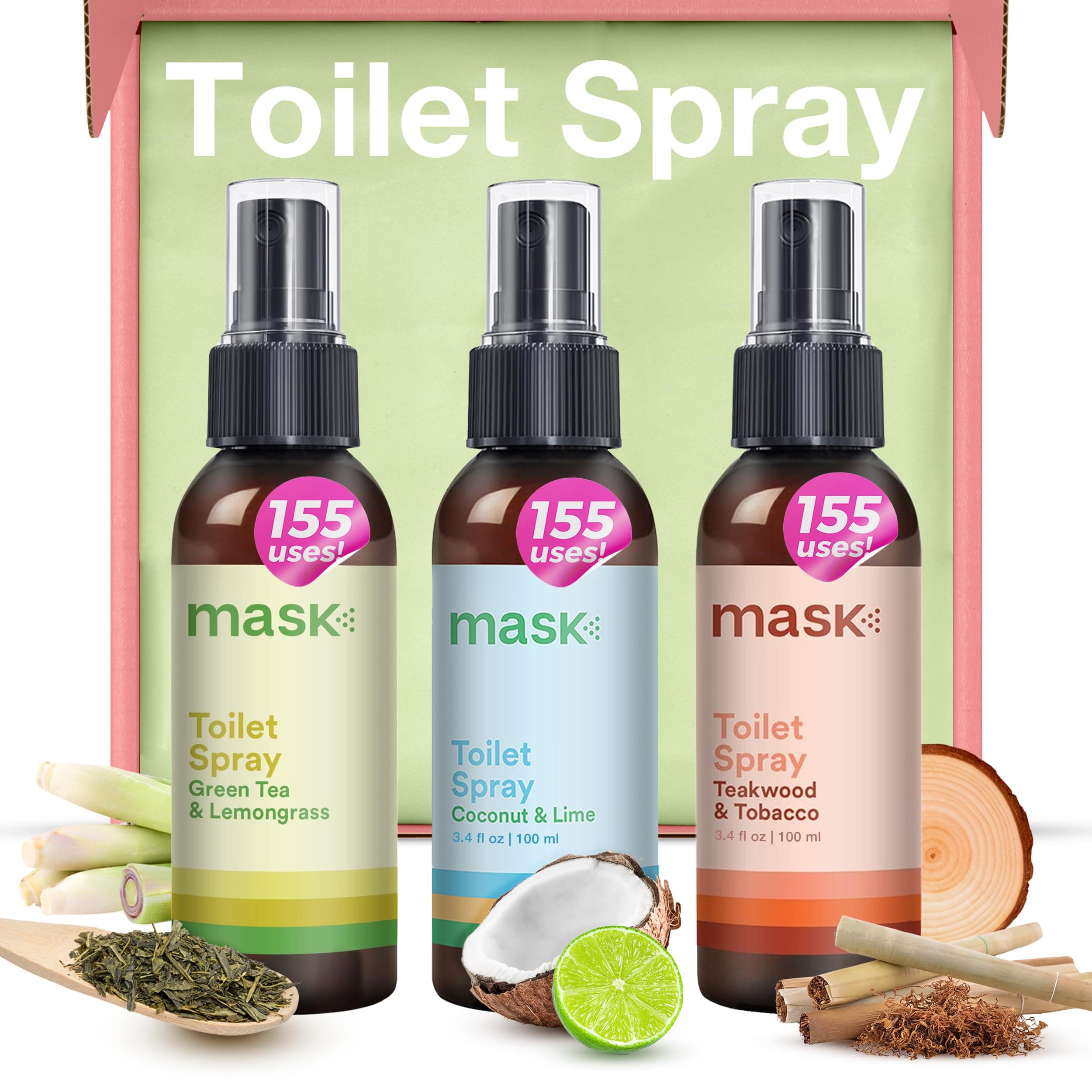 Mask Toilet Spray - Travel Size, Mix Pack of 3 Scents, Poop Spray Odor Eliminator, Bathroom Air Freshener, Bathroom Deodorizer, Toilet Freshener, 10.2 Fl Oz.