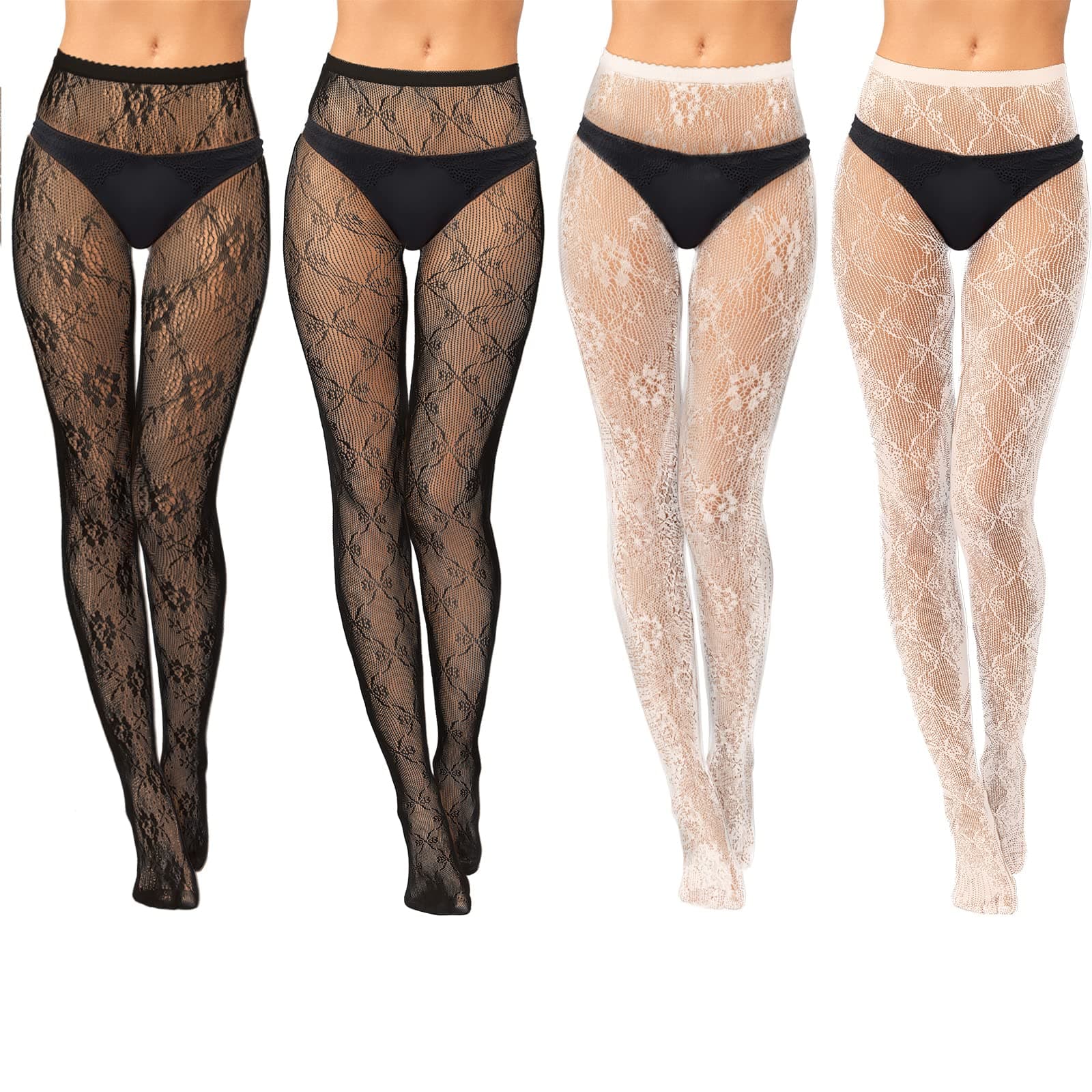 Jiuguva 4 Pack Women's Patterned Tights Fishnet Stockings Floral Pantyhose Stockings Leggings Lace Tights for Women Girls