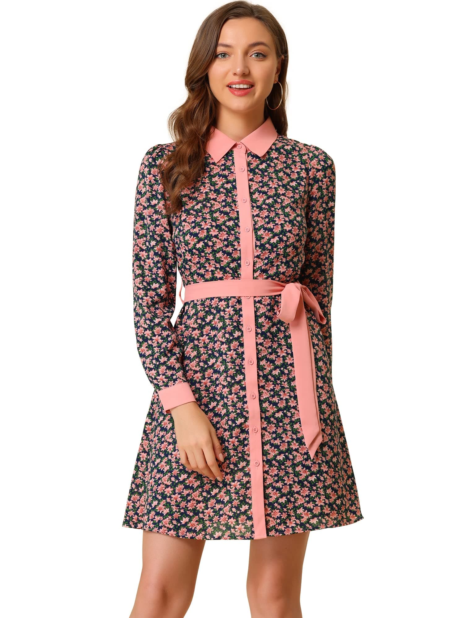 Allegra KWomen's Contrast Collar Button Front Vintage Long Sleeve Floral Shirt Dress