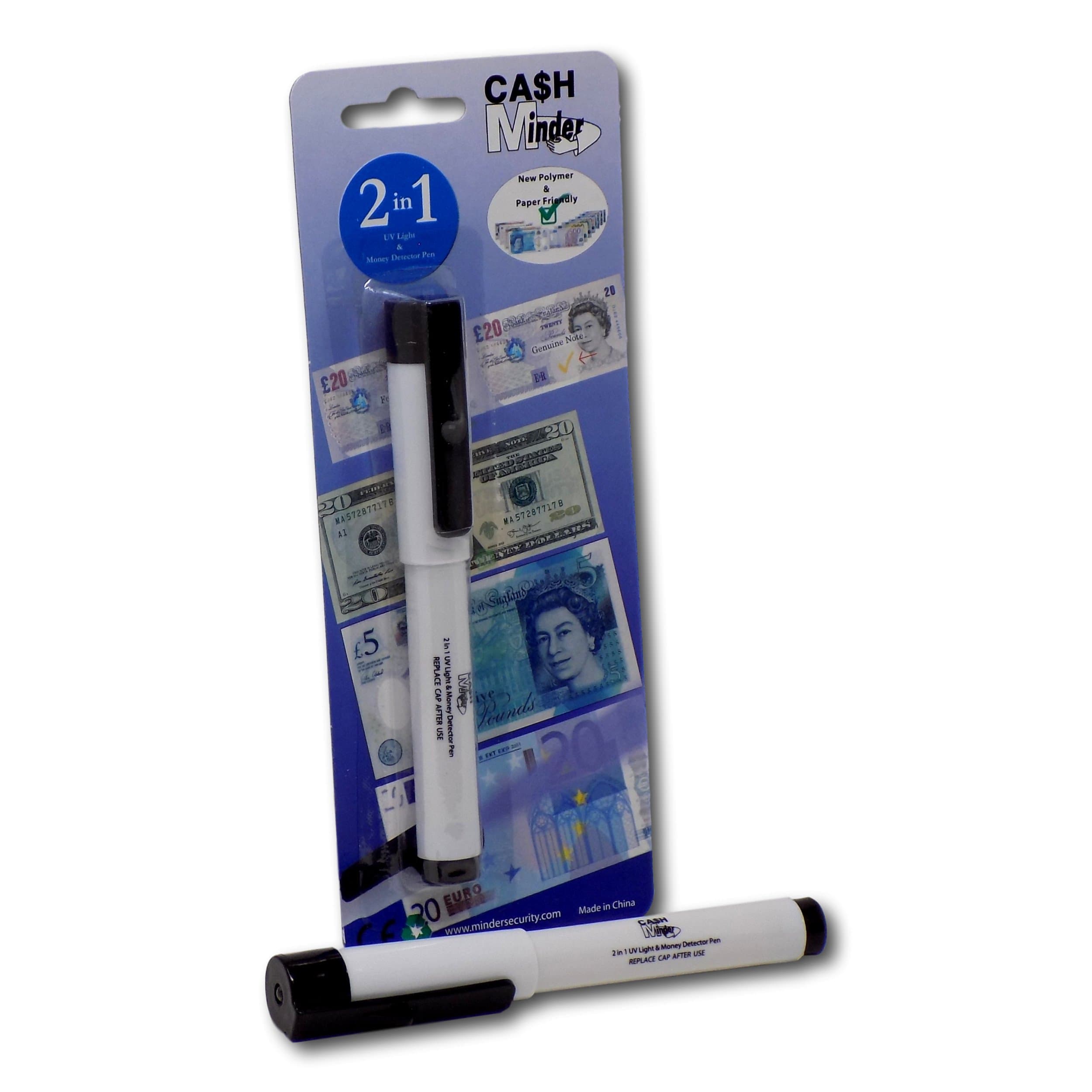 Minder 2 in 1 Forged Bank Note Cash Detector Pen with Integrated UV Light - Ideal for detecting counterfeit paper and polymer currency (1)