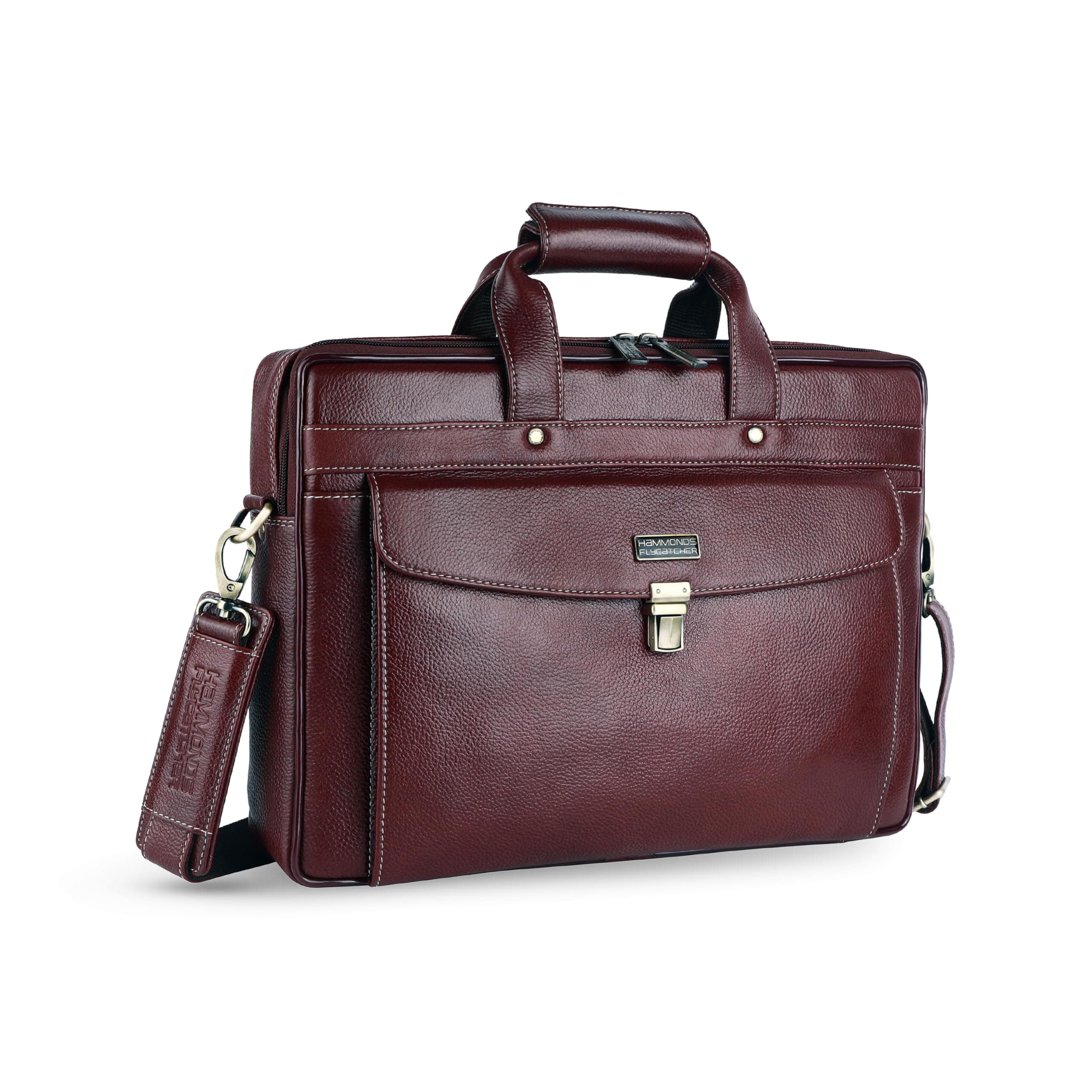 HAMMONDS FLYCATCHER Genuine Leather Office Bag for Men, 15.6 Inch Laptop Bag for Men - Padded Laptop Compartment, Adjustable Strap, Multi Compartments, Trolley Strap, 1 Year Warranty - Brown