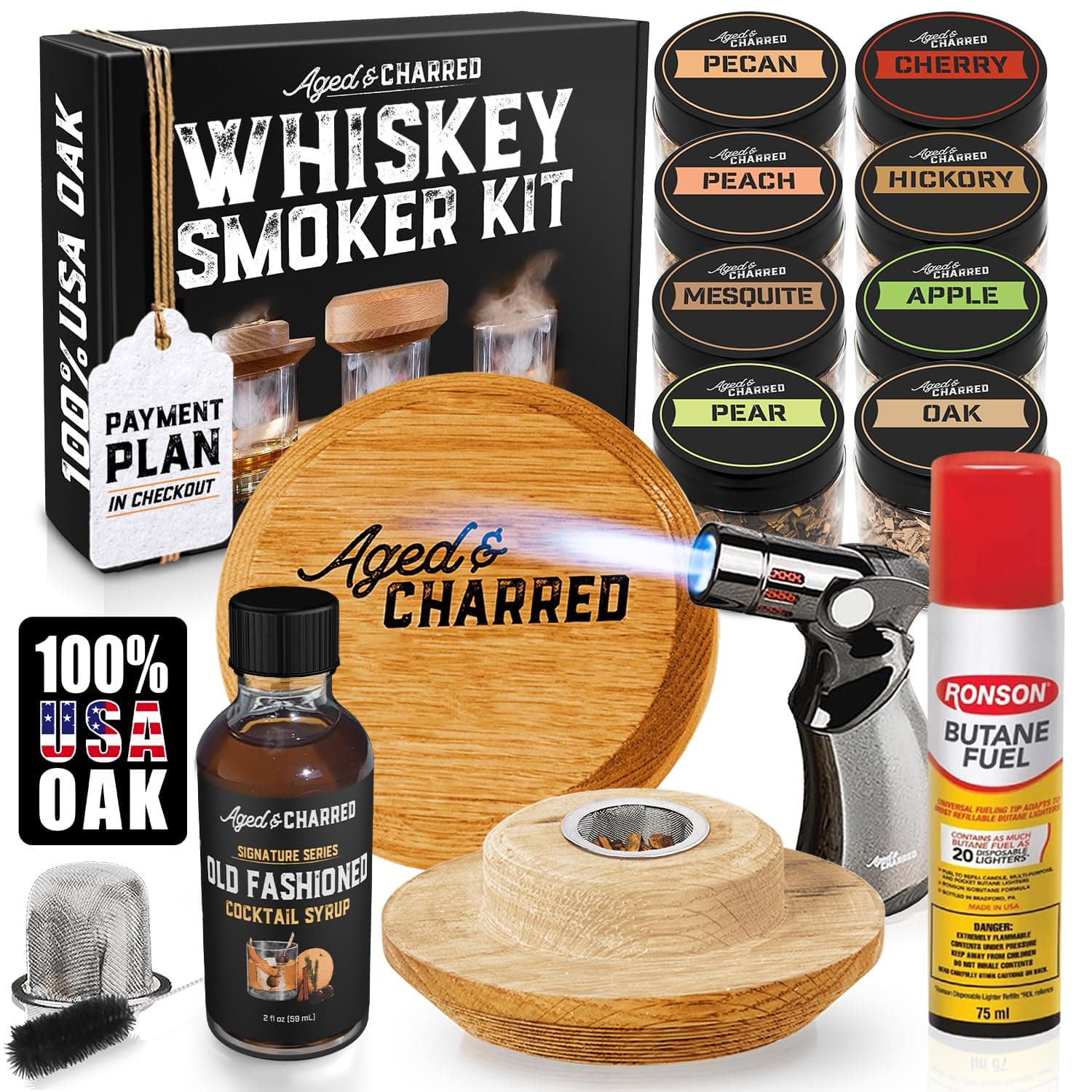 Whiskey Smoker Kit with Torch and Butane and Old Fashioned Syrup - 8 Flavors Wood Chips, 100% USA Oak, High-End Set - Old Fashioned Bourbon Cocktail Smoker Kit Gift for Men Dad