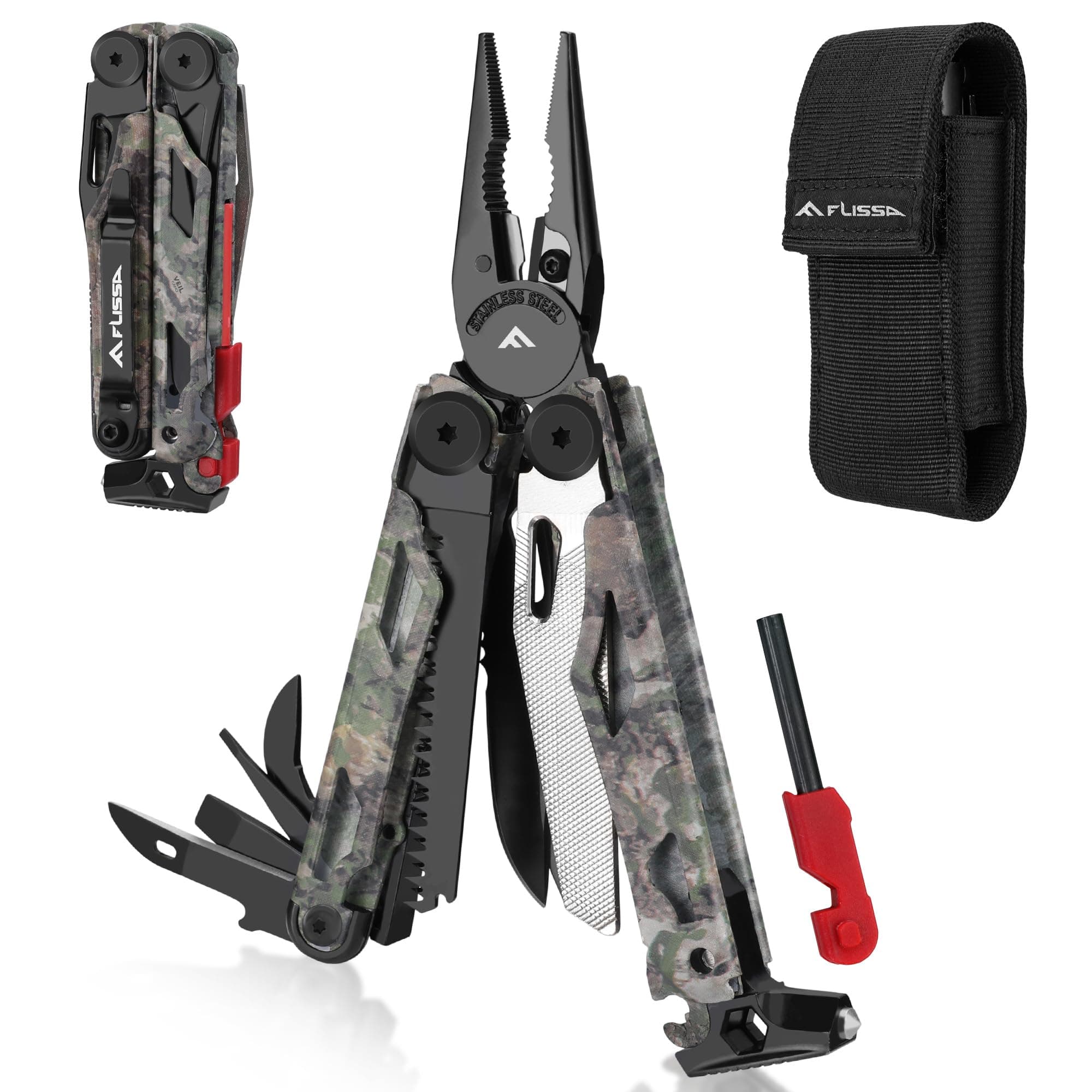 FLISSA Multitool, 18 in 1 Camo Multitool Pliers with Fire Starter, Window Breaker, Whistle, Stainless Steel EDC Gear with Sheath - Perfect for Survival, Simple Repair, Outdoor, Camping