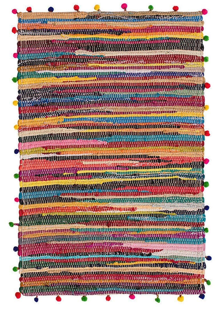 Rectangle Pom Pom Recycled Rag Rug dimensions of 90cm x 60cm.