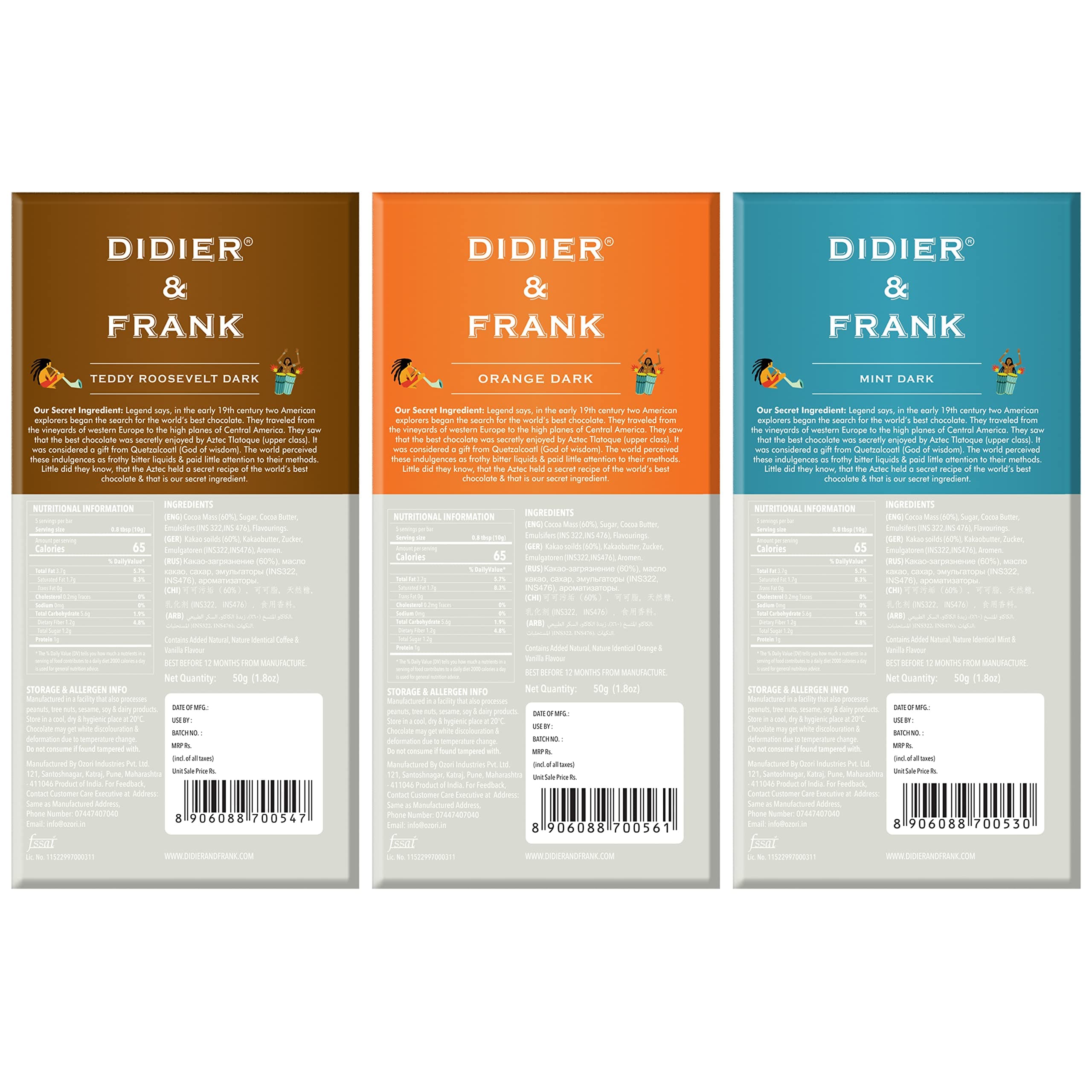 Didier & Frank Chocolate Coffee, Orange, Mint 50g Each, Pack of 3 (Dark Chocolate Gift Pack) (Keto)
