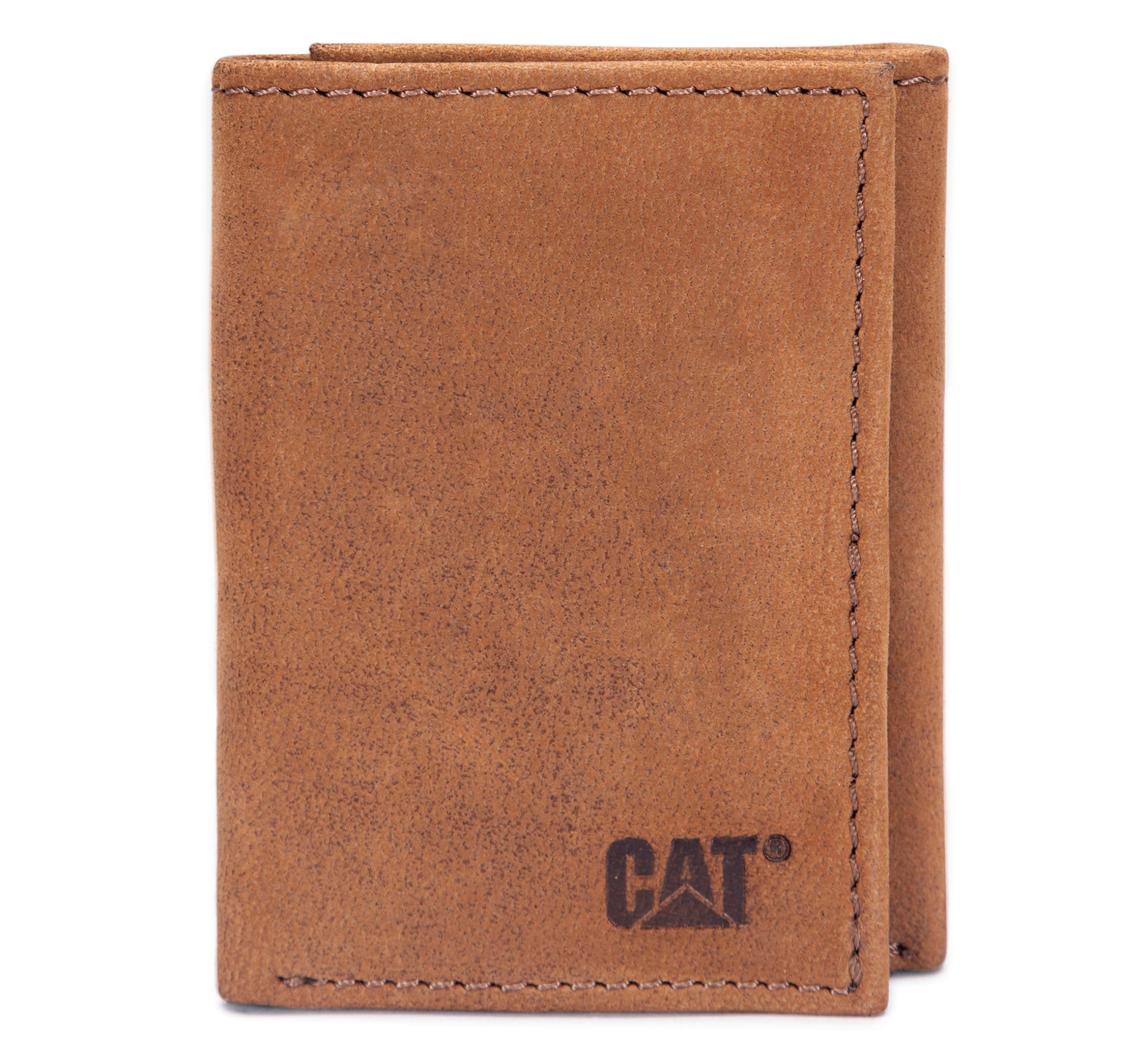 Caterpillar Men's Leather Trifold Wallet with ID Window, Tan, One Size