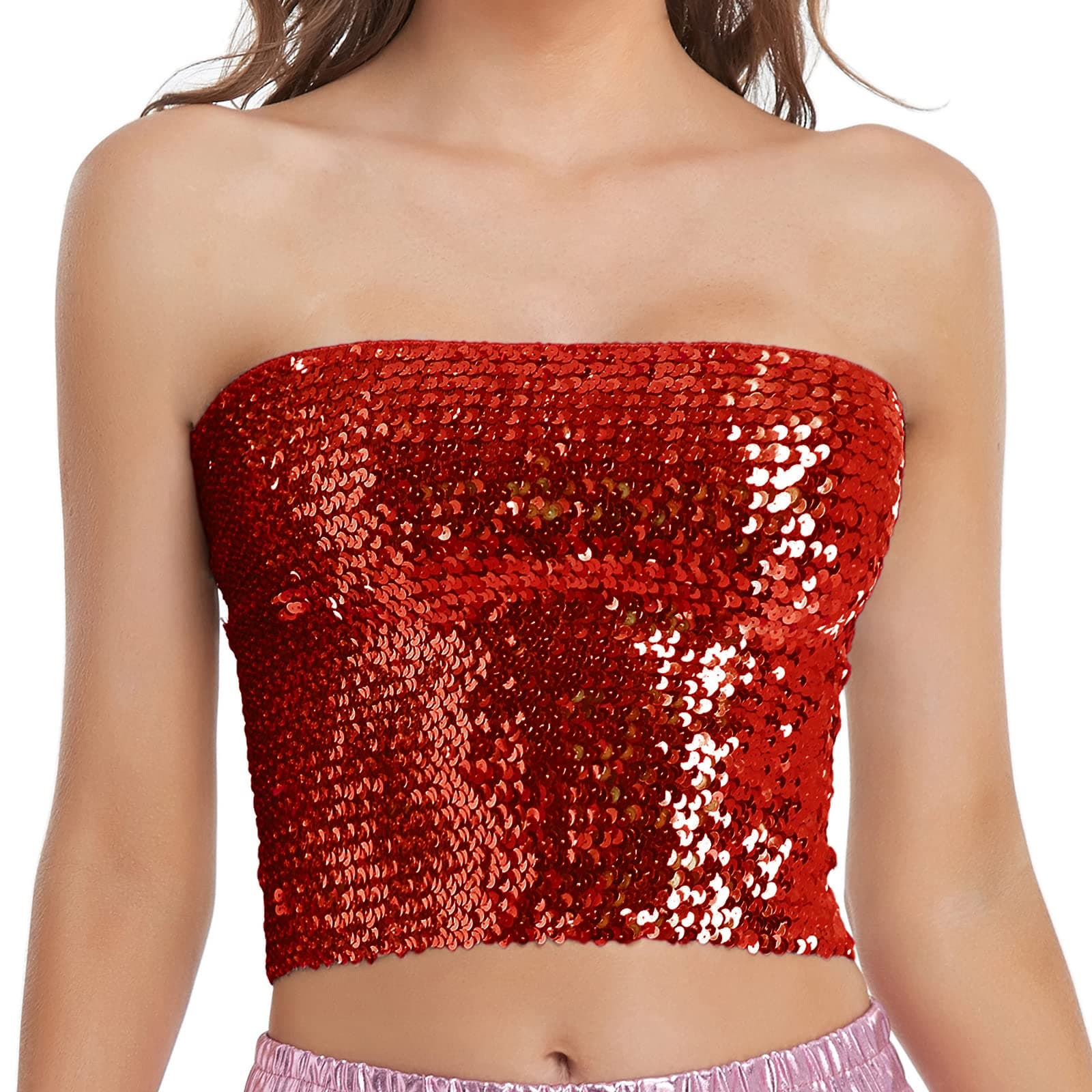 Womens Sparkly Sequin Mermaid Crop Tops, Strapless Metallic Tube Tops for Party Clubwear