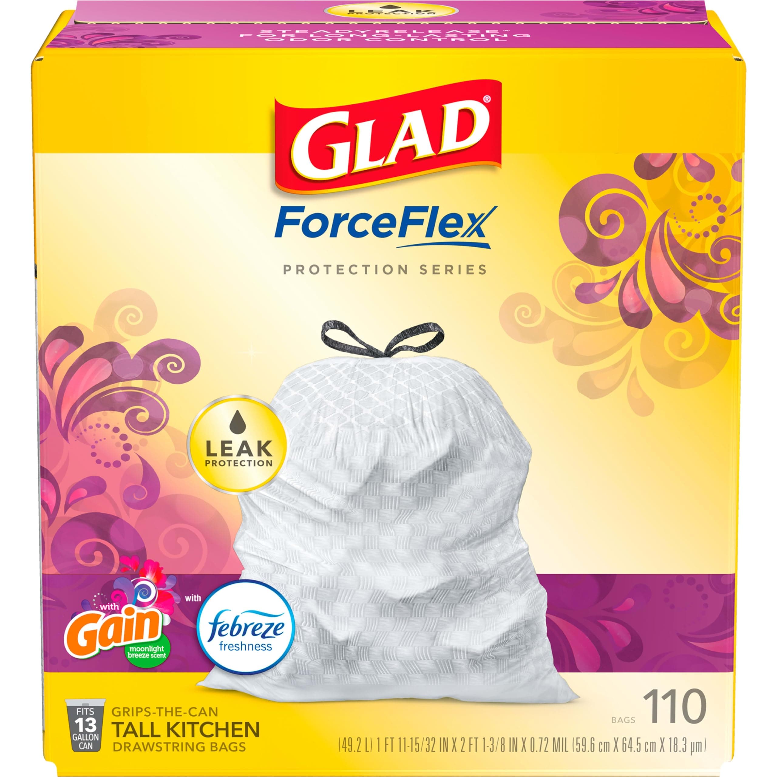 Glad ForceFlex Protection Series Tall Trash Bags, 13 Gal, Gain Moonlight Breeze with Febreze, 110 Ct (Package May Vary)