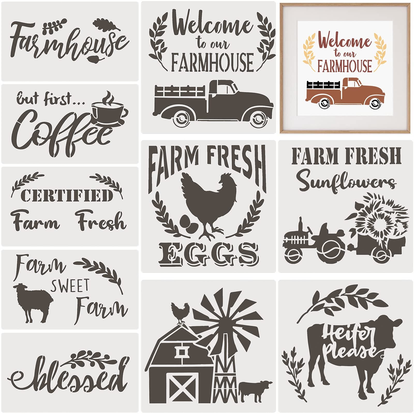 10 Pieces Reusable Farmhouse Stencils Farm Theme Painting Stencils for Scrapbooking Drawing Tracing DIY Furniture Wall Floor Fabric Decors, 2 Sizes and 10 Patterns