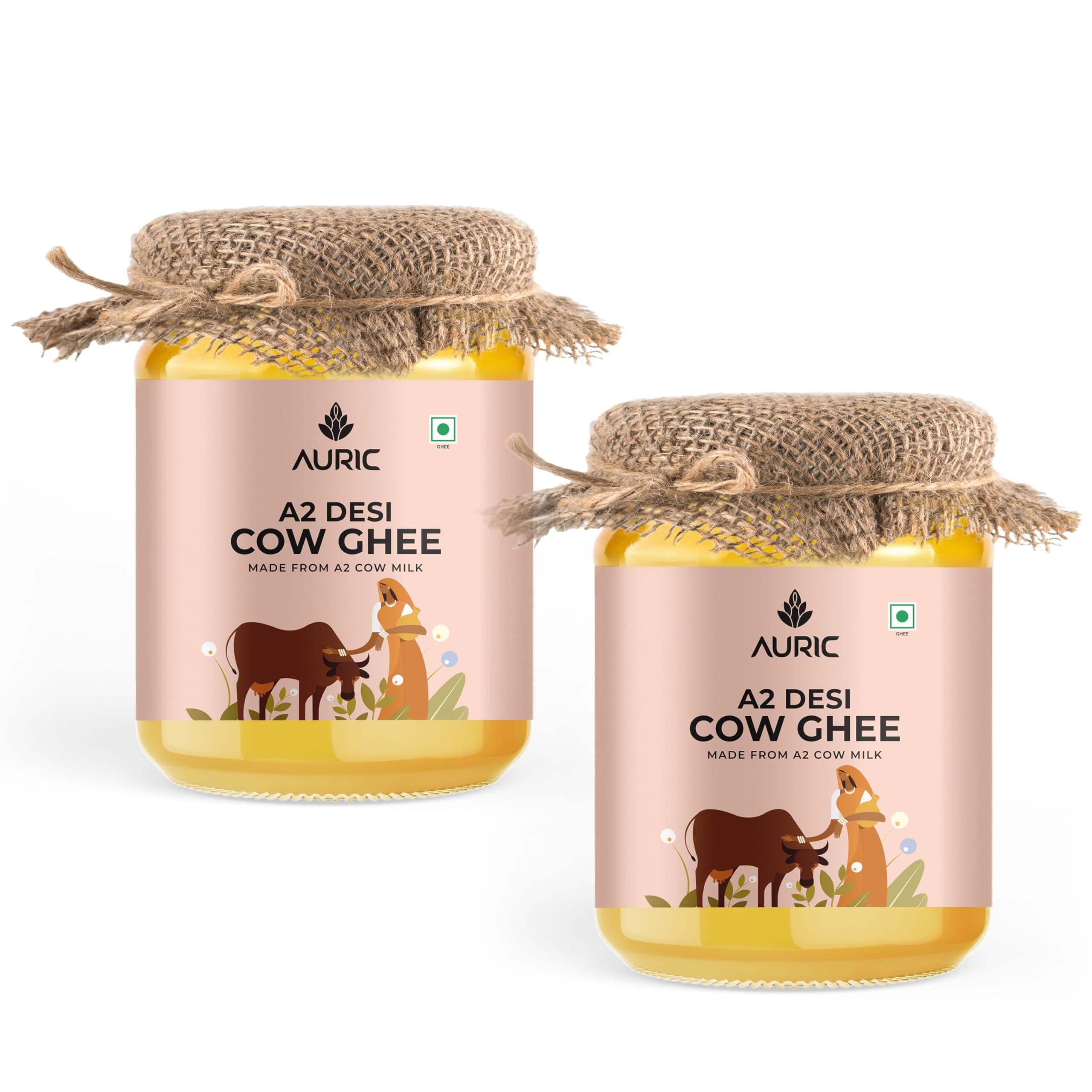 Auric A2 Bilona Desi Cow Ghee (2 Packs of 500 ml each) - Vedic Bilona Method - Traditional Curd Churned - Lab Tested -Danedar Ghee - Grass Fed Sahiwal and Gir Cow - Glass Jar