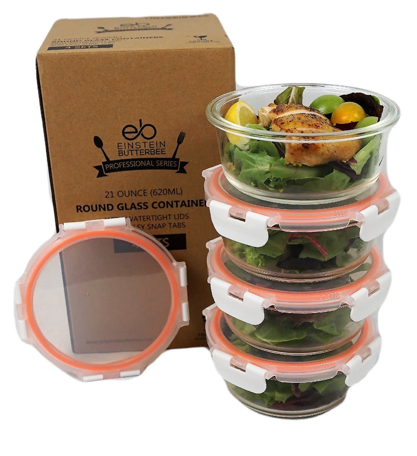 [4 Pack] Large 32oz - Round Glass Meal Prep Containers with Easy Snap Lids - Food Storage Containers - Portion Control for Keto, DASH, Mediterranean - Free Maria Emmerich Keto Cookbook Sample