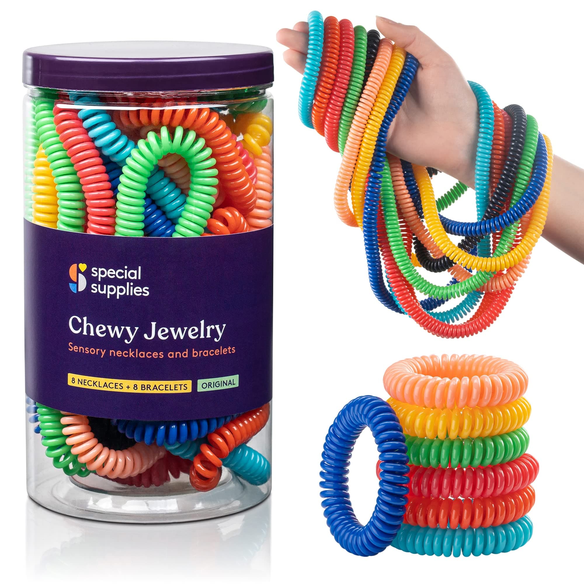 Special Supplies Chewy Jewelry Sensory Necklaces and Bracelets, 16 Pack, Soft and Flexible Silicone, Interactive Relief for Kids