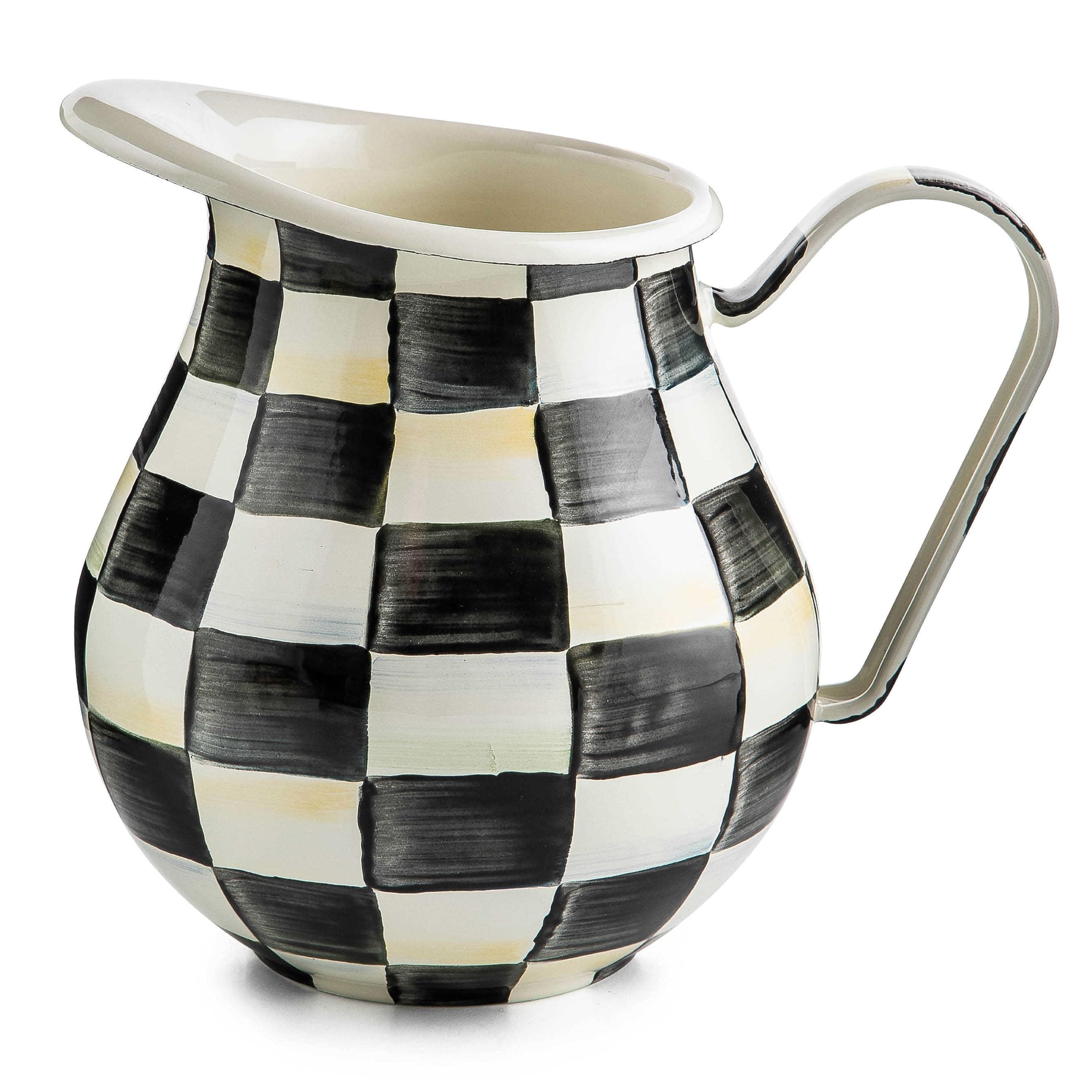 MACKENZIE-CHILDS Enamel Pitcher with Spout for Water, Cut Flowers, and Home Decor, 3 Quarts, Black-and-White Courtly Check
