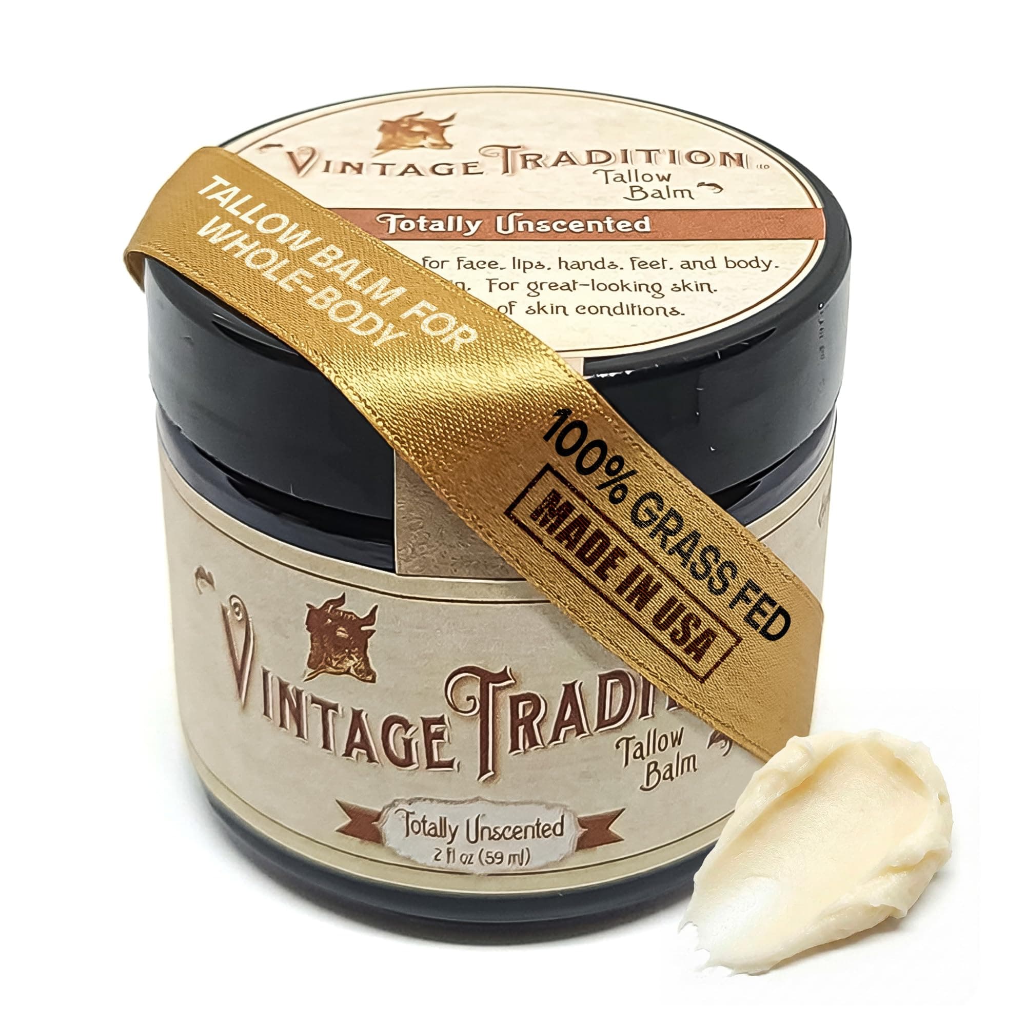 Vintage Tradition Totally Unscented Tallow Balm, 100% Grass-Fed, 2 Fl Oz "The Whole Food of Skin Care"