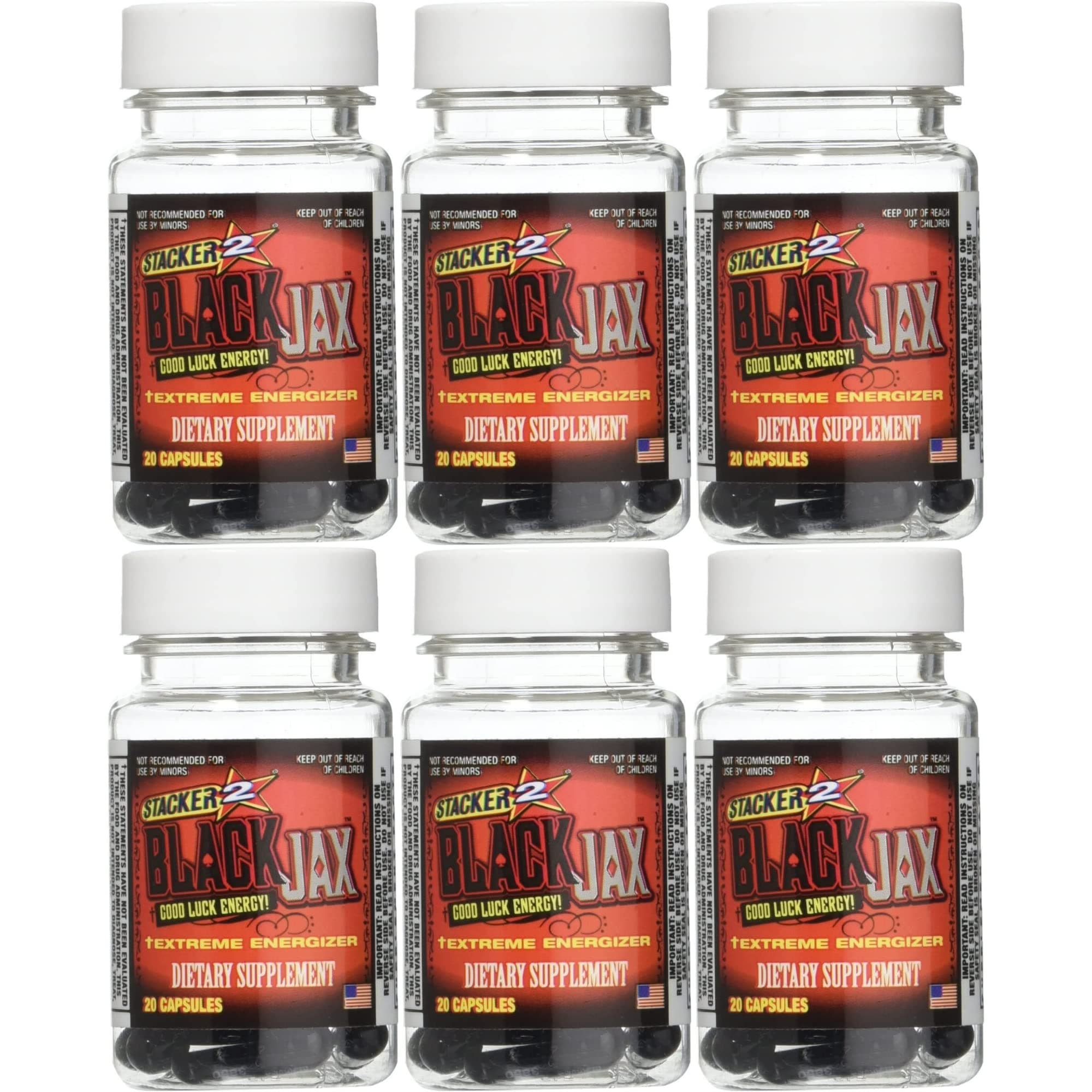Black Jax Good Luck Energy Extreme Energizer Dietary Supplement 20ct Capsules/Bottle (Lot of 6 X) = 120 Capsules