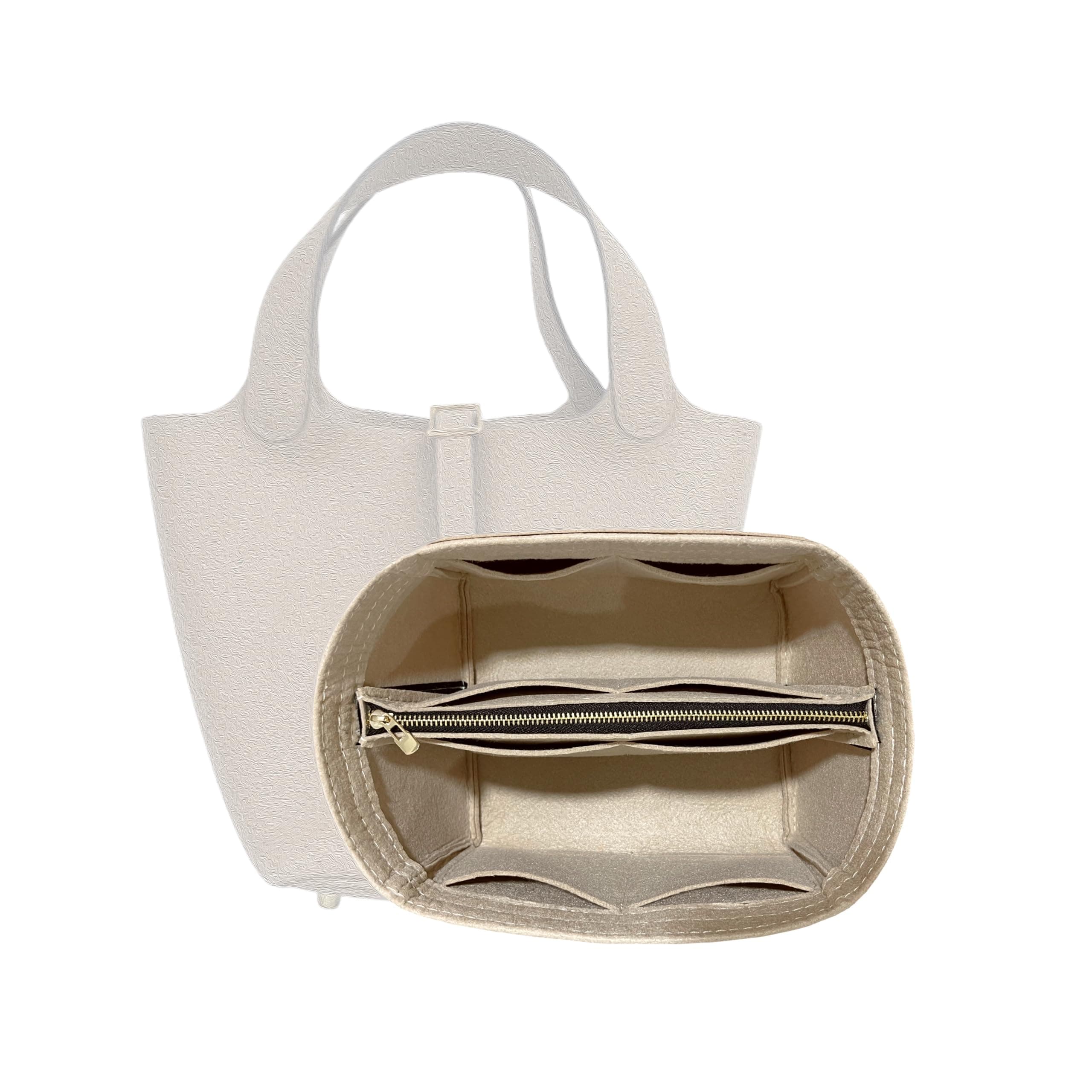 Purse Organizer for Picotin 22 Bag Organizer Insert, Picotin 18 Bag Insert, MM Picotin PM Bag Organizer, 2mm Thick Premium Felt Snug Sturdy Gold Zipper (For Picotin 18 (PM), Black)