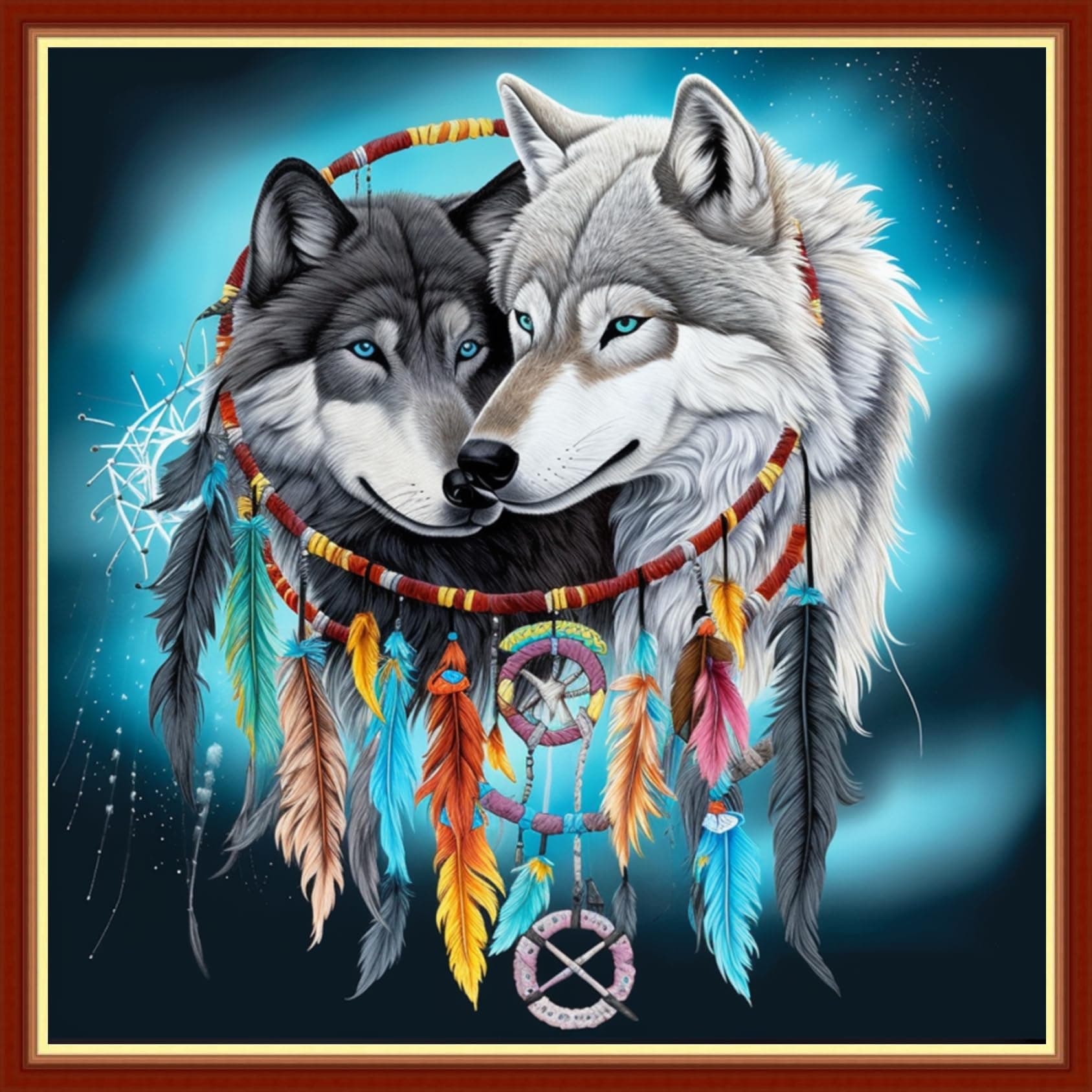 Findvoor Stamped Cross Stitch Kits for Beginners Full Range of Cross Stitching Embroidery Pattern for Adults, 11CT DIY Needlepoint Embroidery Starter Kits-Wind Chime Wolf 17.7x17.7 inch