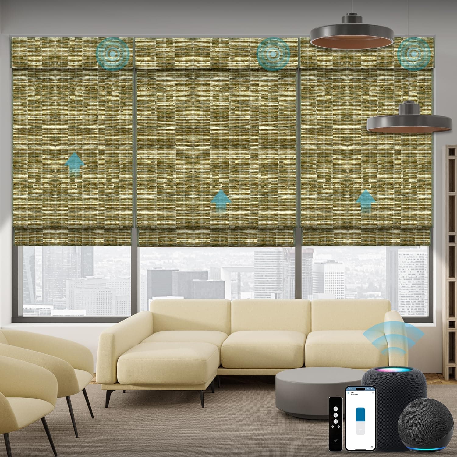SmartWings Motorized Natural Woven Wood Blinds for Windows, Electric Auto Roman Shades with Remote for Sliding Doors, Compatitable with Alexa/Homekit/Google Home, Customized, Bamboo Jute 905