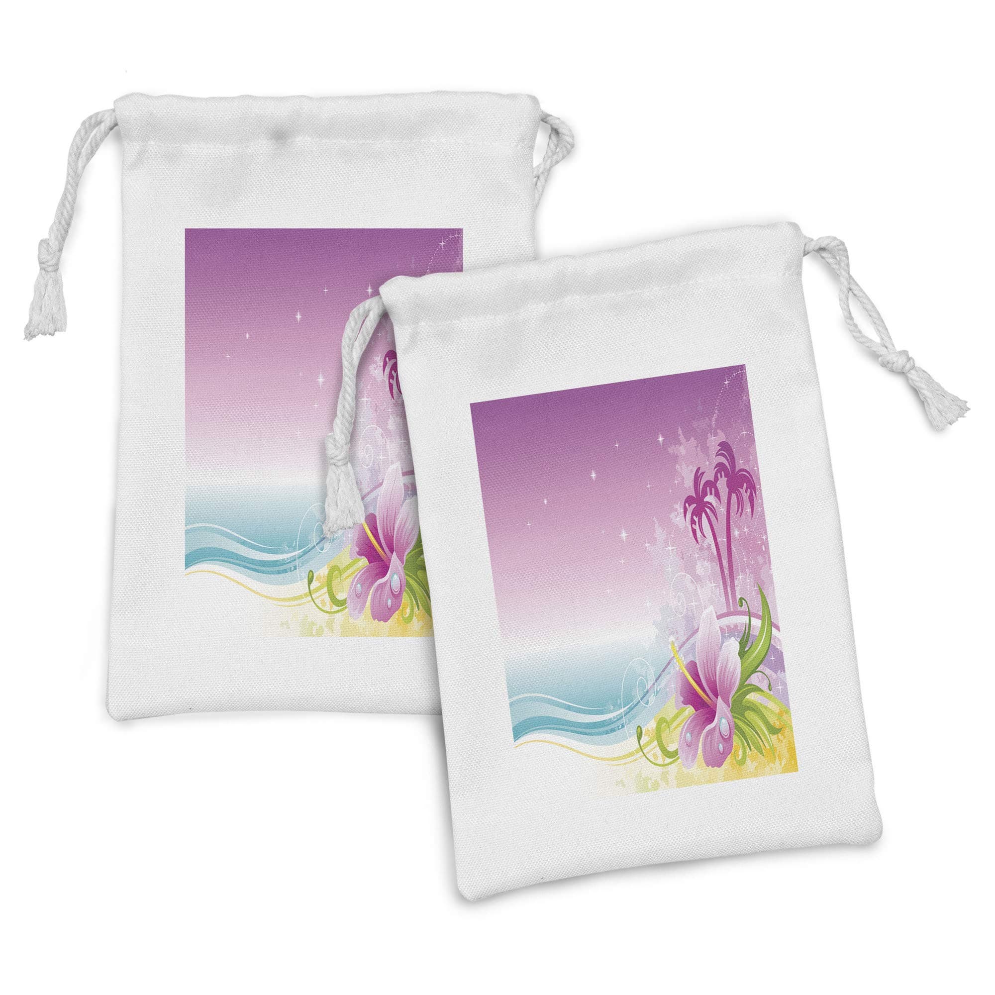 Ambesonne Luau Fabric Pouch Set of 2, Digital Design Illustration of Palms Abstract Waves and Hibiscus Petal, Small Drawstring Bag for Toiletries Masks and Favors, 9" x 6", Pale Fuchsia Multicolor