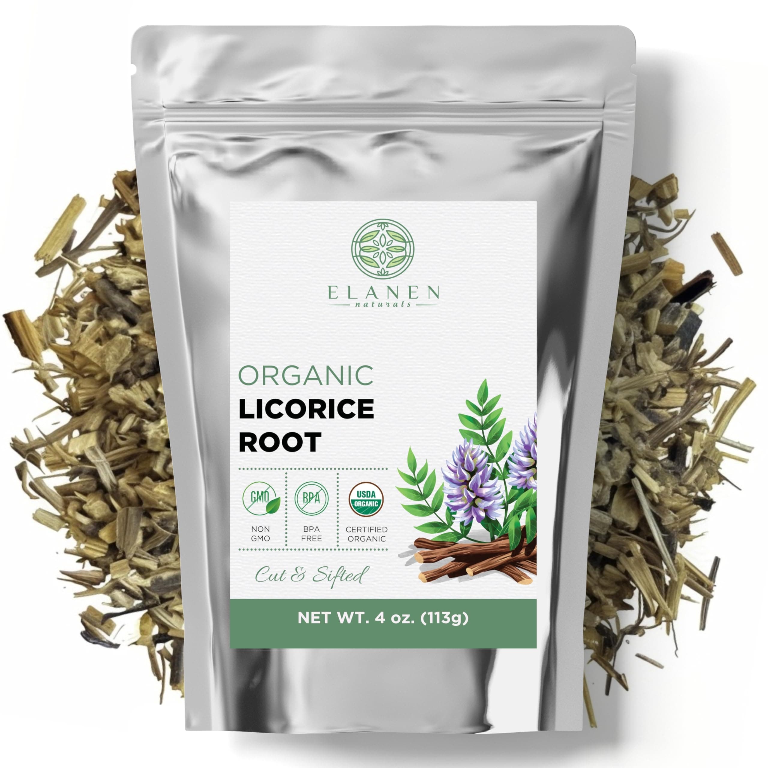 Organic Licorice Root 4 oz. (113g), USDA Certified Organic Licorice Root Tea, Licourice Root, Bulk Licorice Root Chopped, Liquorice, Raiz de Regaliz Licrice Root, Glycyrrhiza glabra, Cut & Sifted