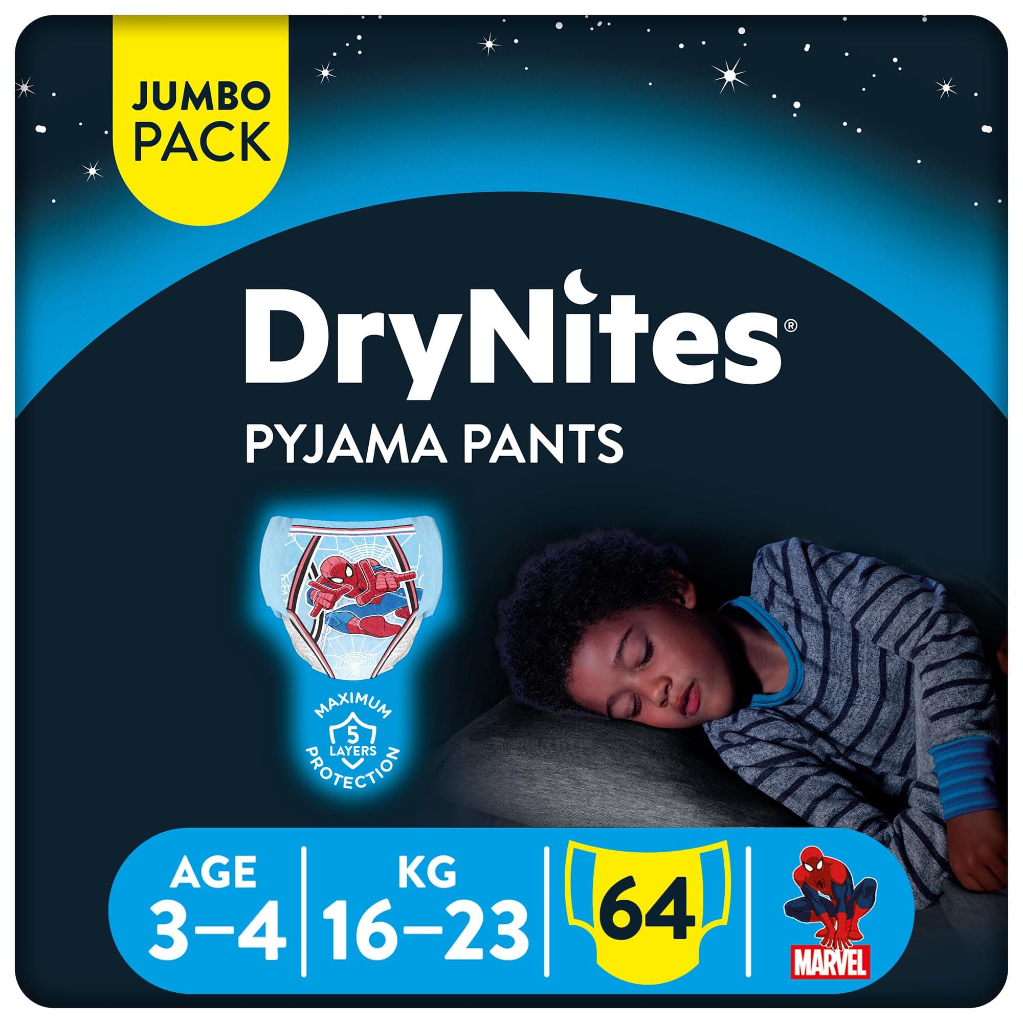 DryNites Pyjama Pants, 3-4 years, Bed Wetting Diaper, Boy, 16-23 kg, 4 x Jumbo Packs, 64 Pants