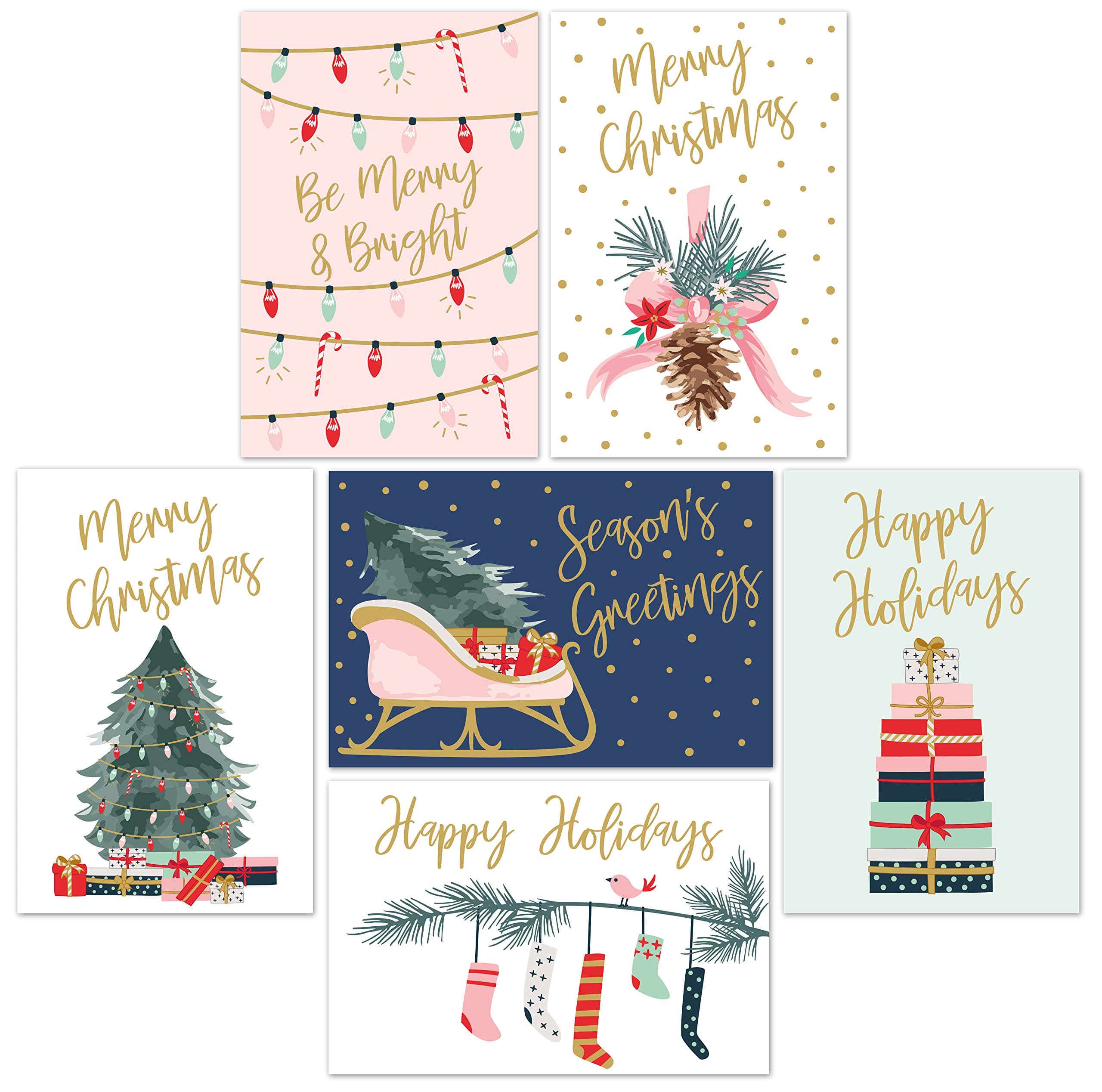 Sweetzer & Orange Christmas Cards, 24 Set Gold Foil Holiday Cards with Red Envelopes – 6 Assorted Designs Boxed for Easy Storage - 4x6 Bulk Greeting and New Years Decor Sheets