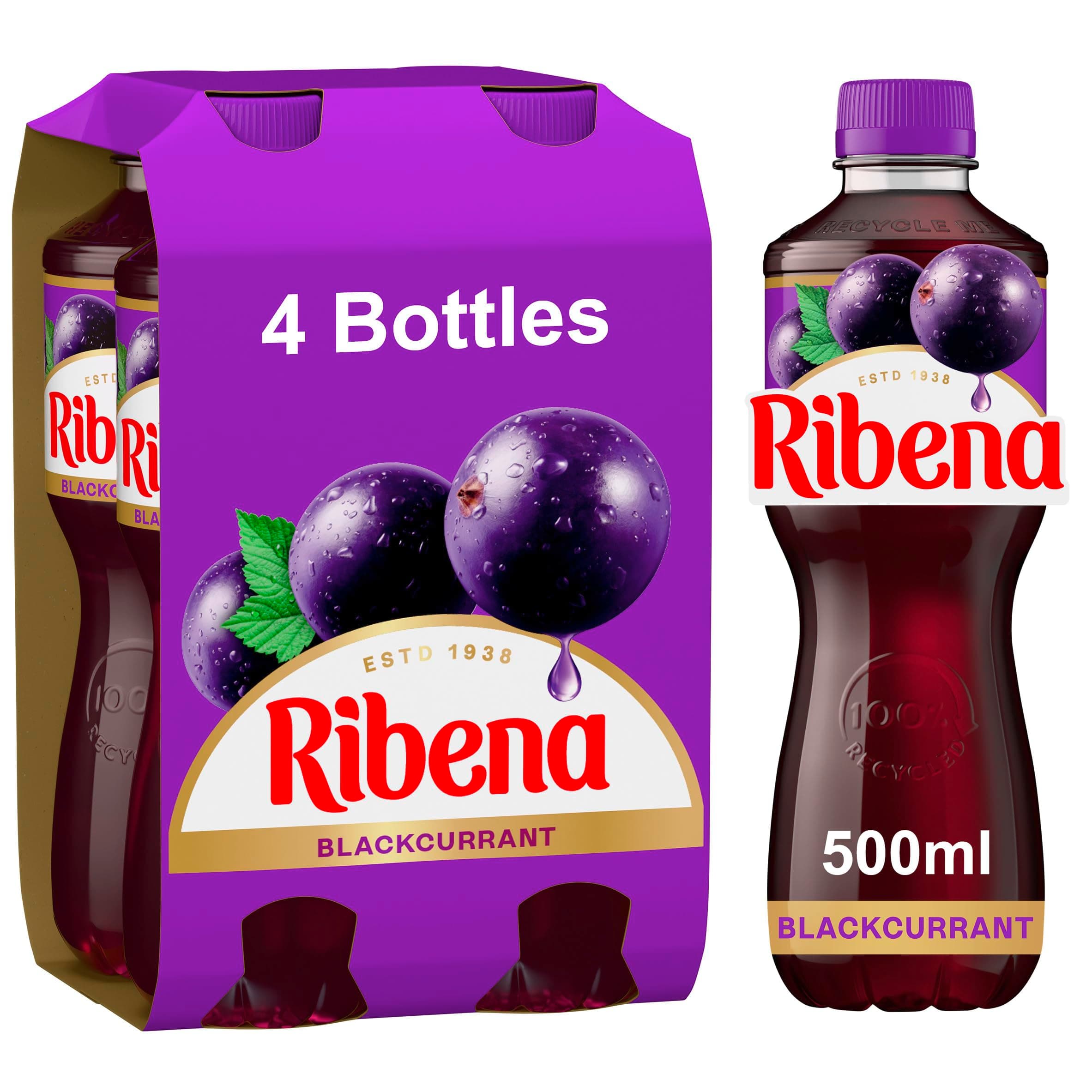 Ribena Blackcurrant Juice Drink 500ml - Multipack of 4 | Real Fruit | Rich In Vitamin C | No Artificial Colours or flavous | Fruity Refreshment | Ready To Drink | 100% Recycled Plastic Bottle