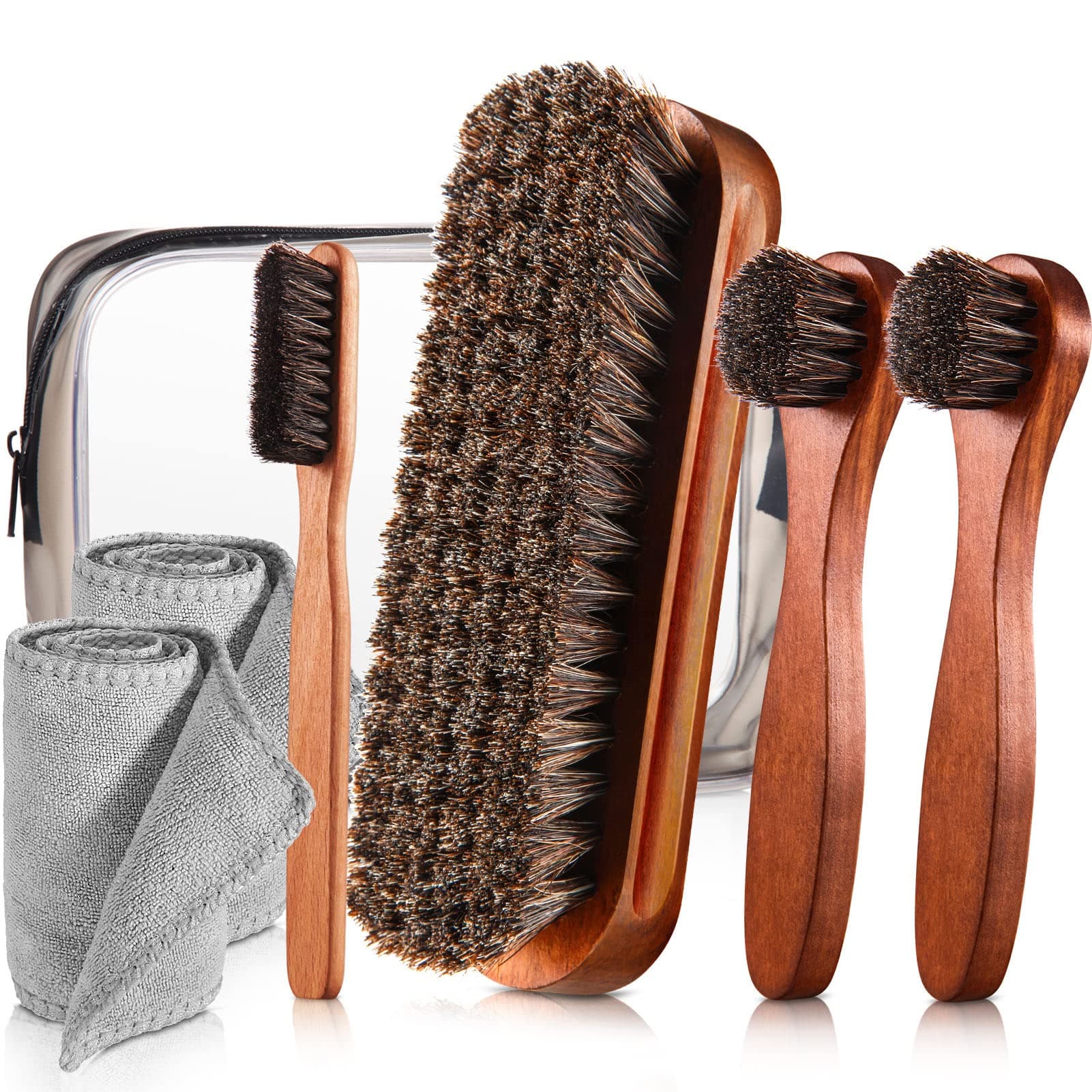 Horsehair Shine Shoes Brush Kit Polish Dauber Applicators Leather Boots Suede Care Cleaning Brushes, Brown