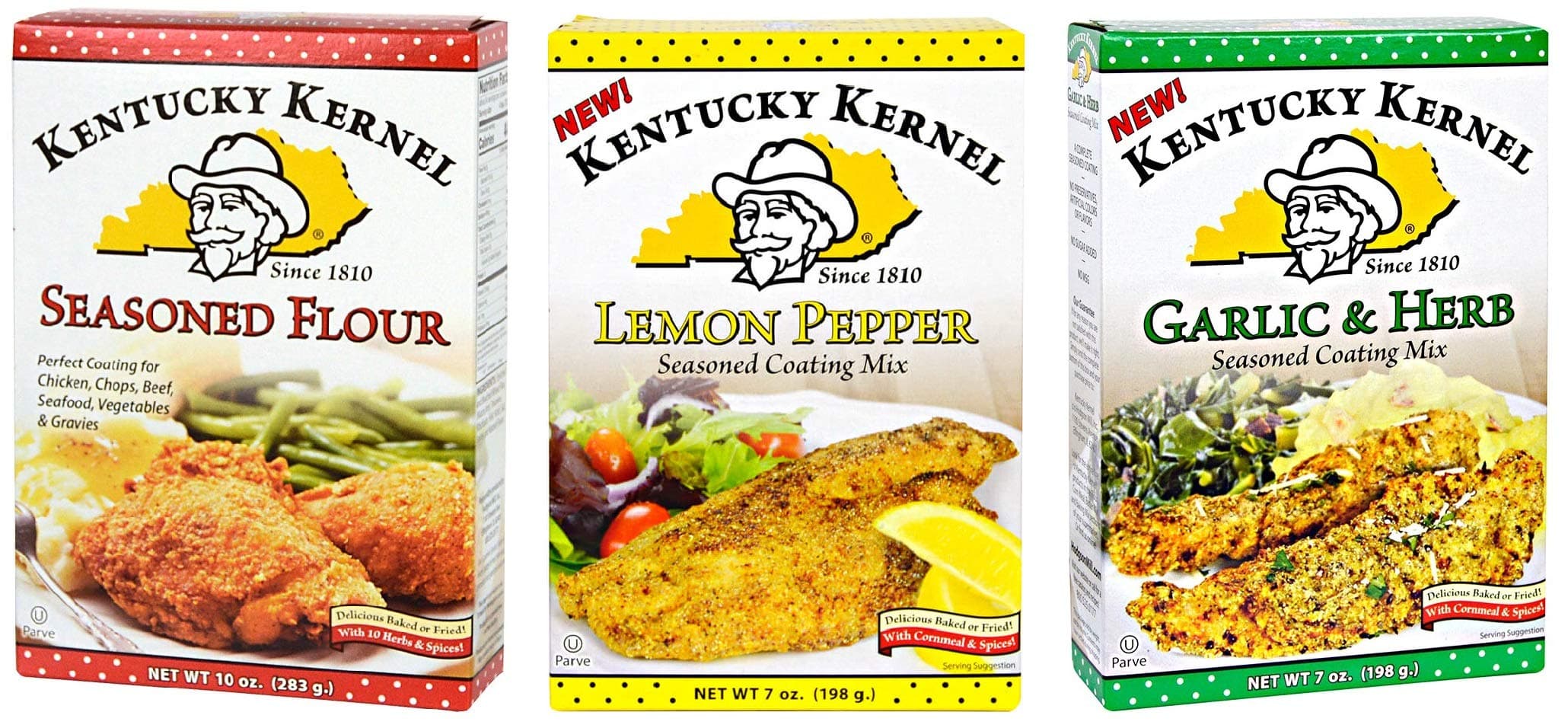 Kentucky Kernel Variety 3 Pack Seasoned Coating Mixes Includes – 1 Seasoned Flour, 10 oz. – 1 Garlic & Herb Mix, 7 oz. – 1 Lemon Pepper Mix, 7 oz.