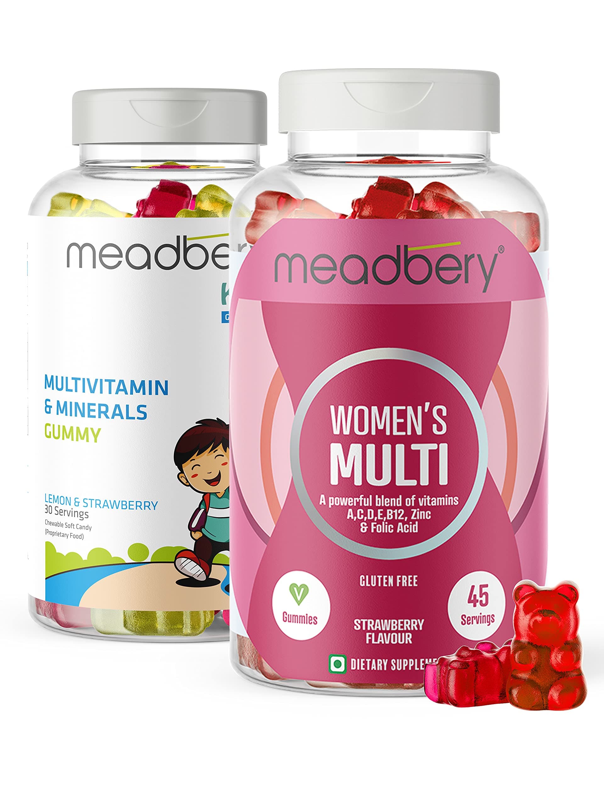 Meadbery Multivitamin Gummies for Women & Kids (Combo Pack), Immunity with Vitamins A, C, D, E, B12 and 8 Minerals, Strawberry & Lemon Flavour, 30+30 Gummy Bears, One per day