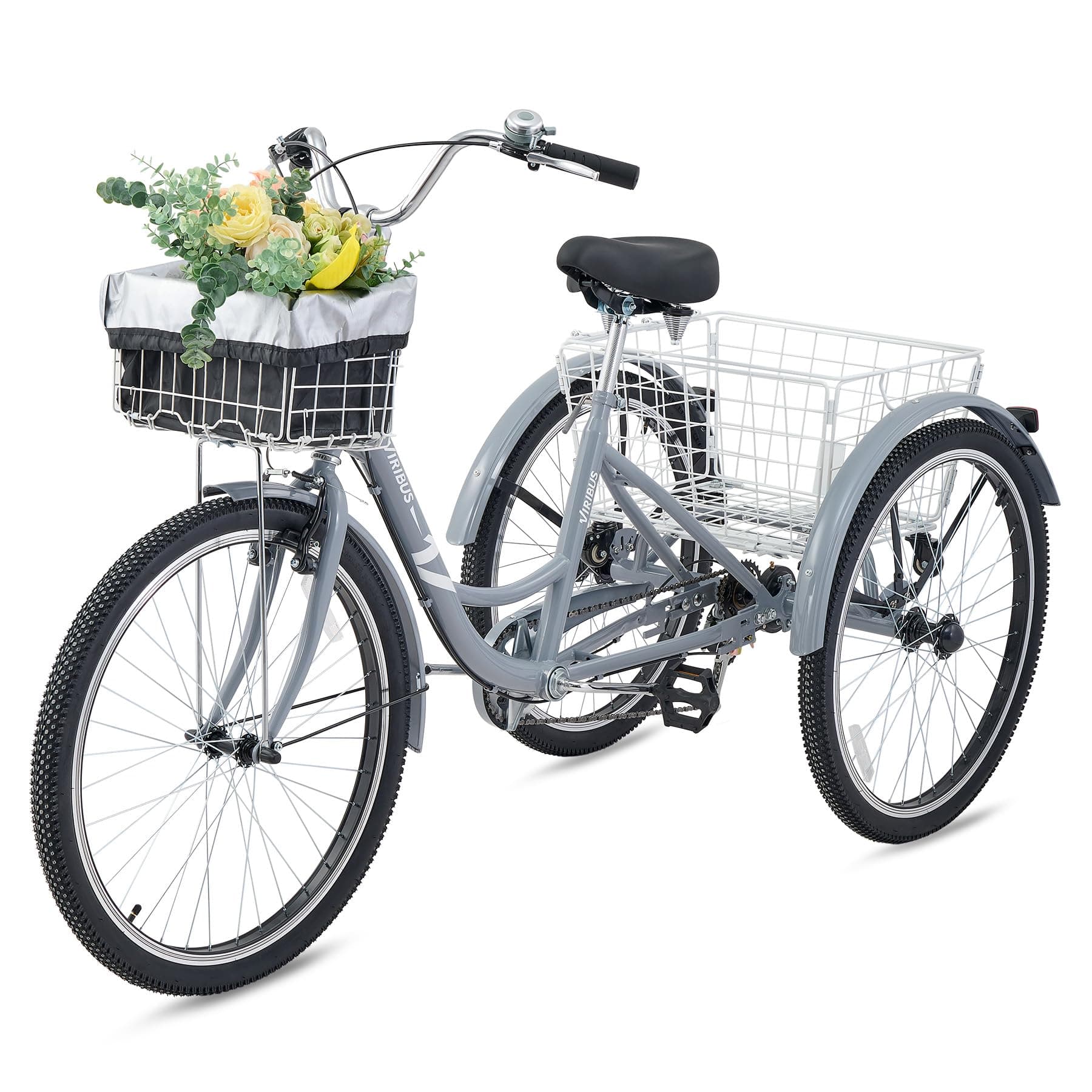 Viribus Adult Tricycle, 7 Speed Tricycle for Adults with Front & Rear Removable Wheeled Baskets, 3 Wheel Bikes for Adults 24 or 26 in, Adult Tricycles for Women Men, Adults Trike 400 lb. Grey