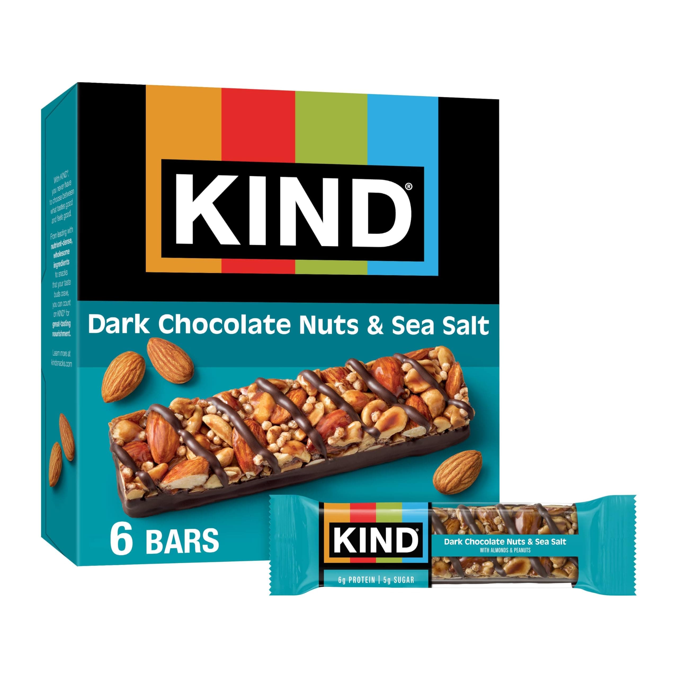 KIND Nut Bars, Dark Chocolate Nuts and Sea Salt, Healthy Snacks, Gluten Free, Low Sugar, 6g Protein, 6 Count