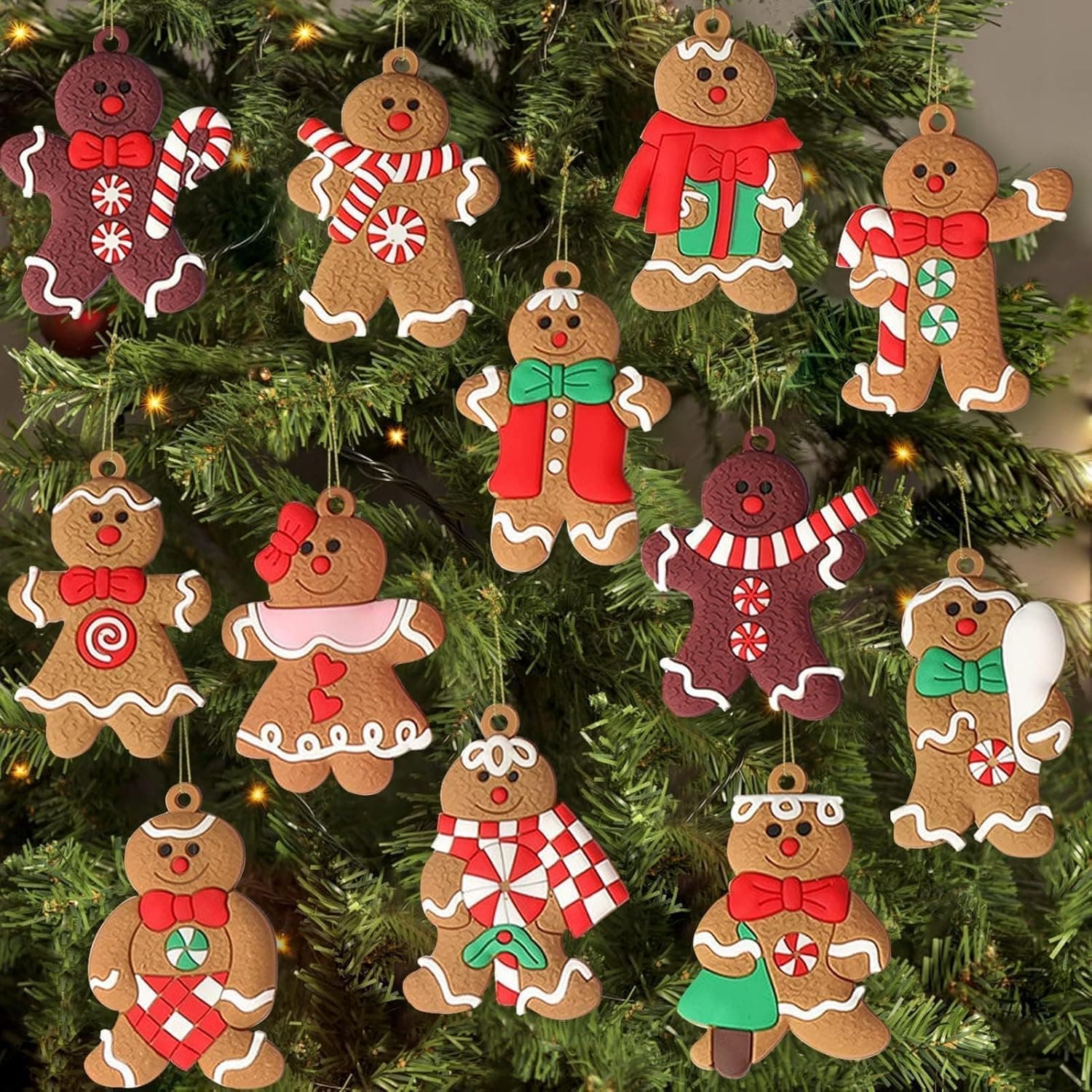 (12pcs Gingerbread) - 12pcs Gingerbread Man Ornaments for Christmas Tree - Assorted Plastic Gingerbread Figurines Ornaments for Christmas Tree Hanging Decorations 3" Tall