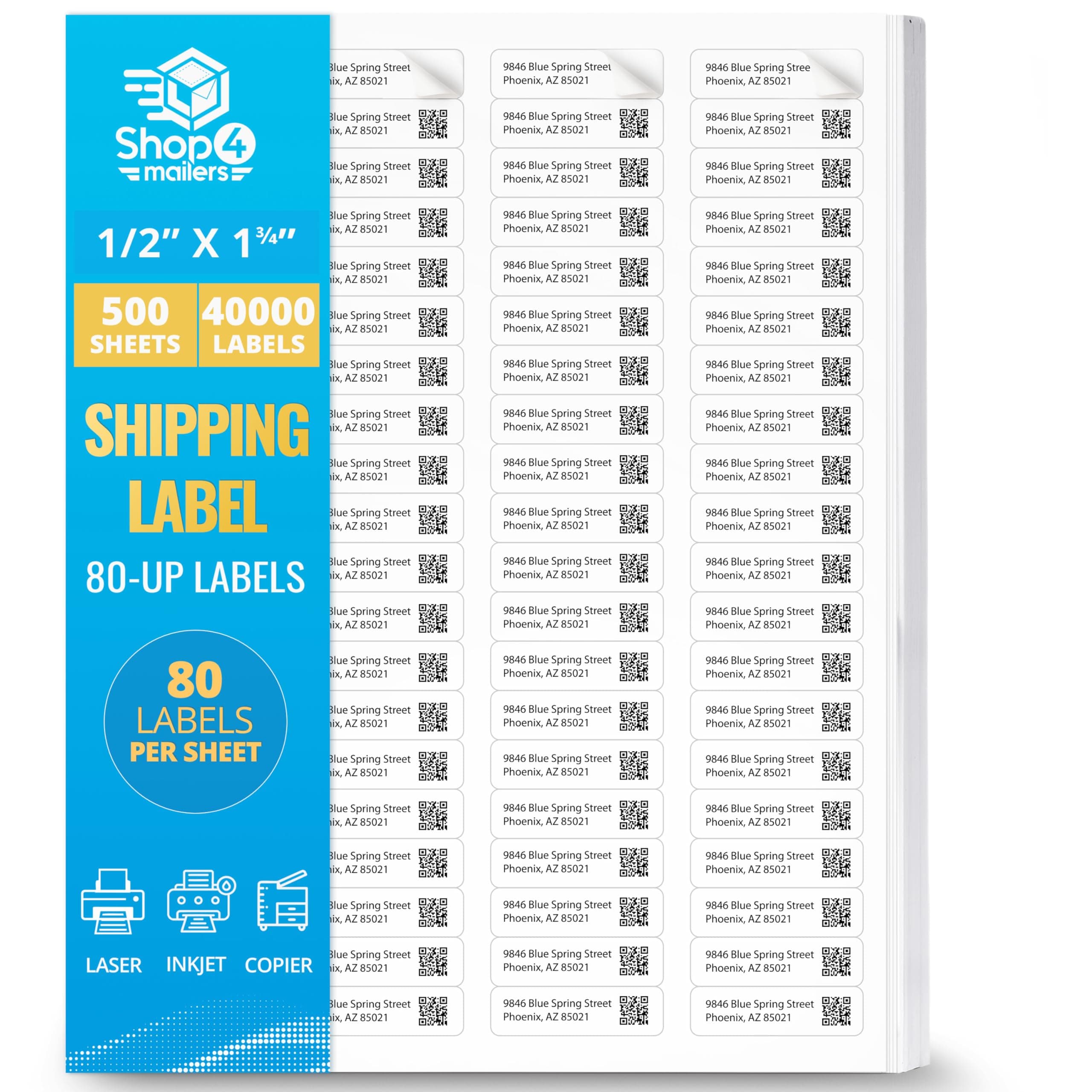 Shop4Mailers 80-Up White Permanent Self Adhesive Shipping Labels ½” x 1 ¾” Easy Peel Stickers for Laser & Inkjet Printers ~ 500 Sheets, 40000 Labels
