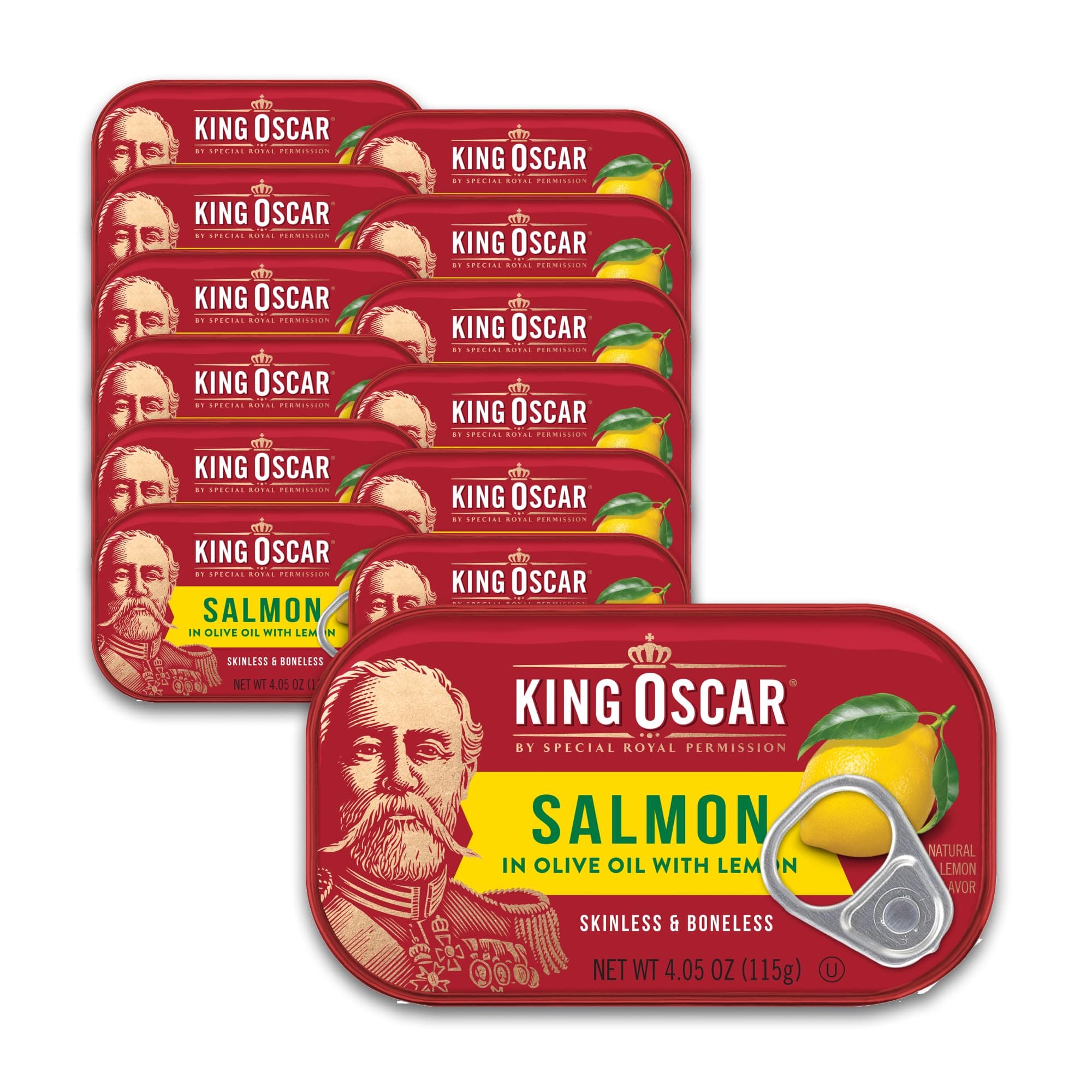 King Oscar Premium Salmon in Olive Oil with Lemon, 4.05-Ounce Cans (Pack of 12, Packaging May Vary), Skinless & Boneless Salmon